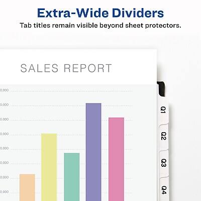 Extra-Wide Dividers  
Tab titles remain visible beyond sheet protectors.

SALES REPORT

Q1 0,000  
Q2 0,000  
Q3 0,000  
Q4 0,000