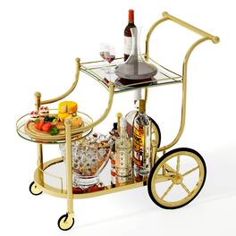 Gymax - 3-Tier Home Bar Serving Cart on Wheels w/ Mirrored Shelves for Kitchen - Gold