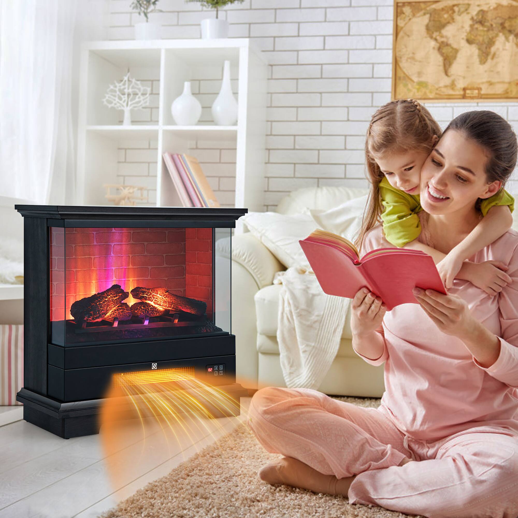 Alt View 4. Costway - Costway 27" Freestanding Electric Fireplace Heater w/ 3-Level Flame Thermostat Black - Black.