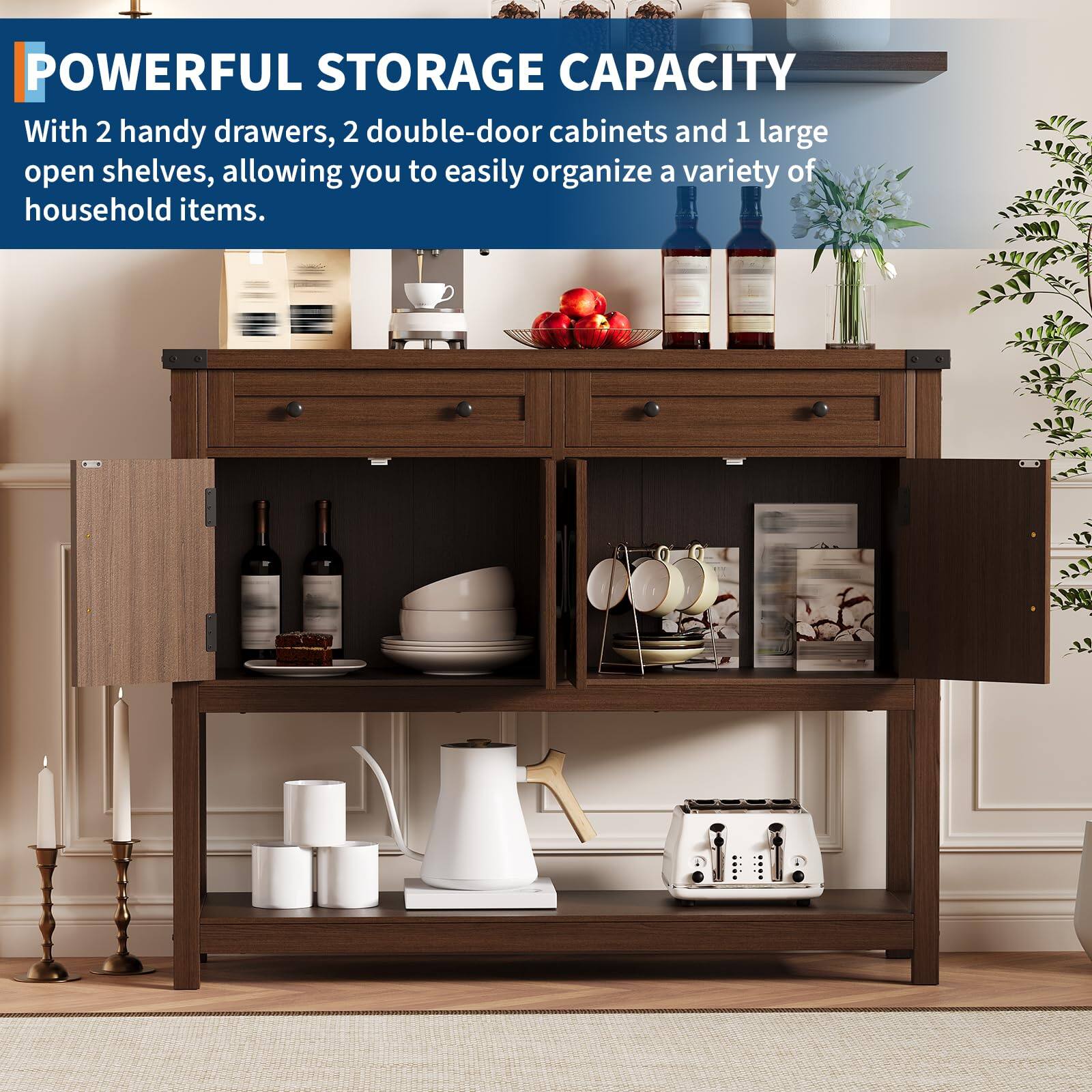 POWERFUL STORAGE CAPACITY

With 2 handy drawers, 2 double-door cabinets, and 1 large open shelves, allowing you to easily organize a variety of household items.
