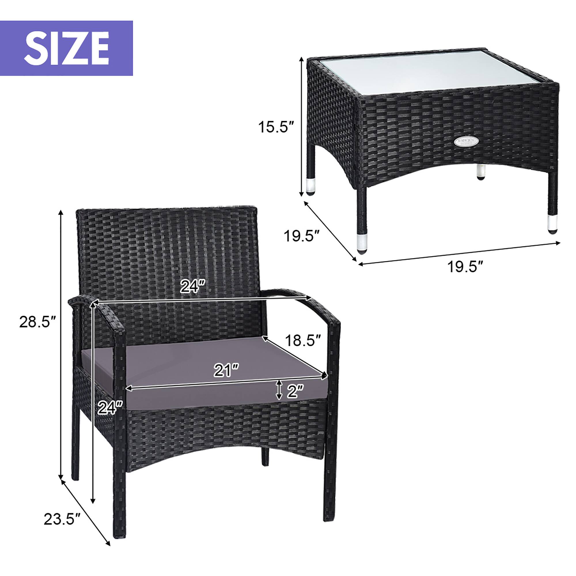 SIZE
15.5"
19.5"
24"
19.5"
28.5"
18.5"
24"
21"
2"
23.5"