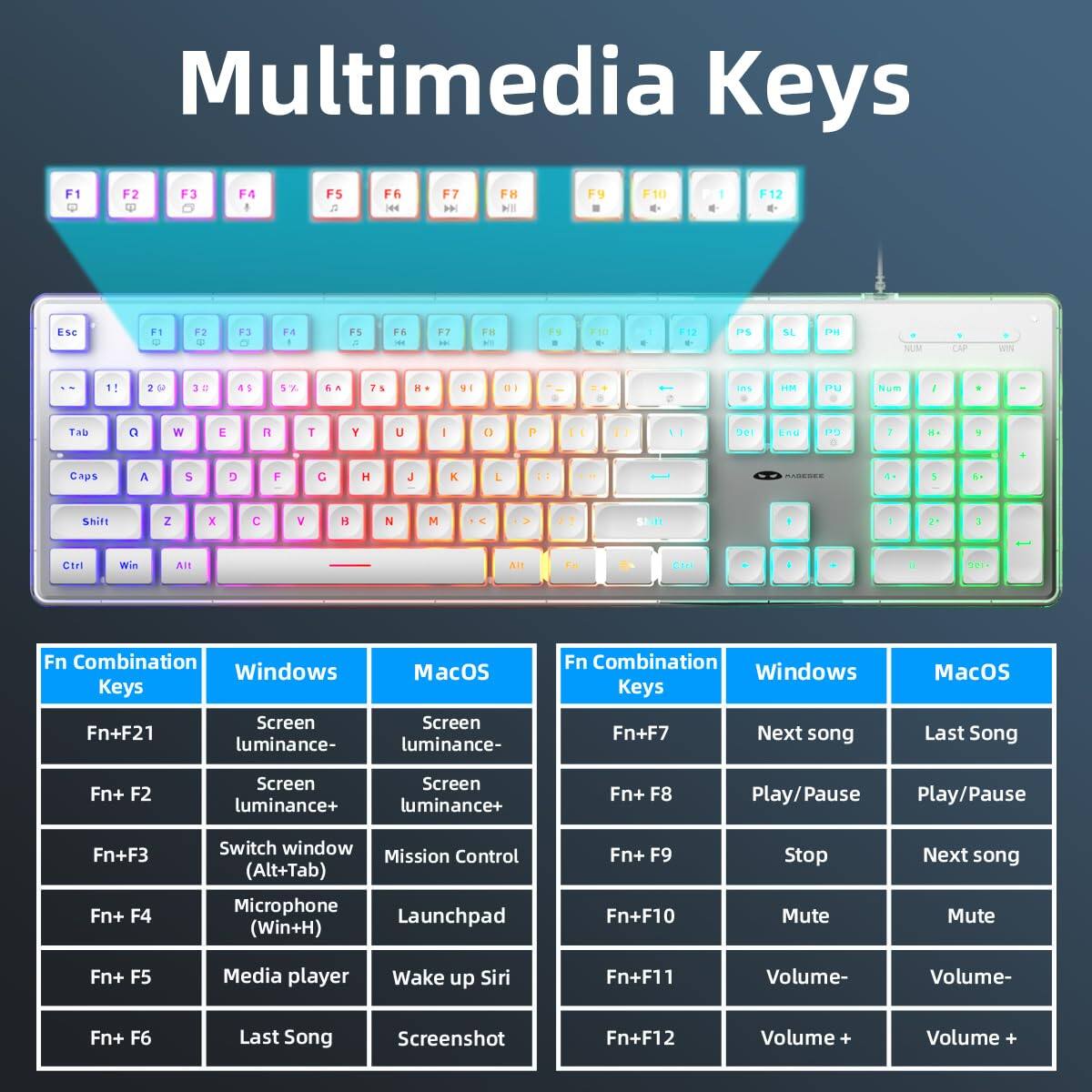 **Multimedia Keys**

- **F1**: Screen luminance-
- **F2**: Screen luminance+
- **F3**: Switch window (Alt+Tab)
- **F4**: Microphone (Win+H)
- **F5**: Media player
- **F6**: Last Song
- **F7**: Next song
- **F8**: Play/Pause
- **F9**: Stop
- **F10**: Mute
- **F11**: Volume-
- **F12**: Volume +

**Fn Combination Keys**

- **Fn+F21**: Screen luminance-
- **Fn+F2**: Screen luminance+
- **Fn+F3**: Mission Control
- **Fn+F4**: Launchpad
- **Fn+F5**: Wake up Siri
- **Fn+F6**: Screenshot
- **Fn+F7**: Last Song
- **Fn+F8**: Play/Pause
- **Fn+F9**: Next song
- **Fn+F10**: Mute
- **Fn+F11**: Volume-
- **Fn+F12**: Volume +