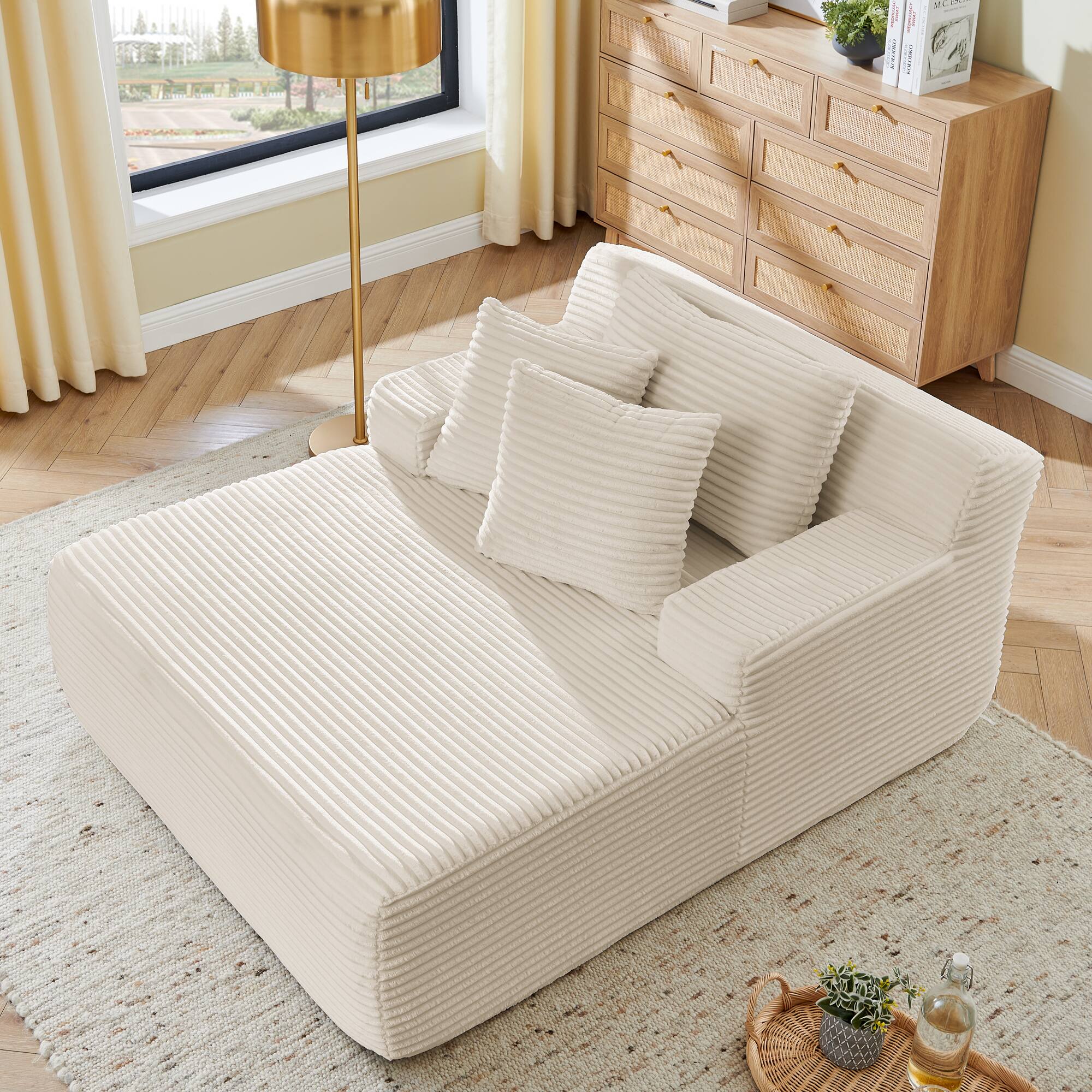 Angle. Trinkets Crazed - 50" Corduroy Chaise Lounge Chair Indoor, Oversized Sleeper Chair Single Lazy Sofa Lounge Chair, Modern Reading Chair - Beige.