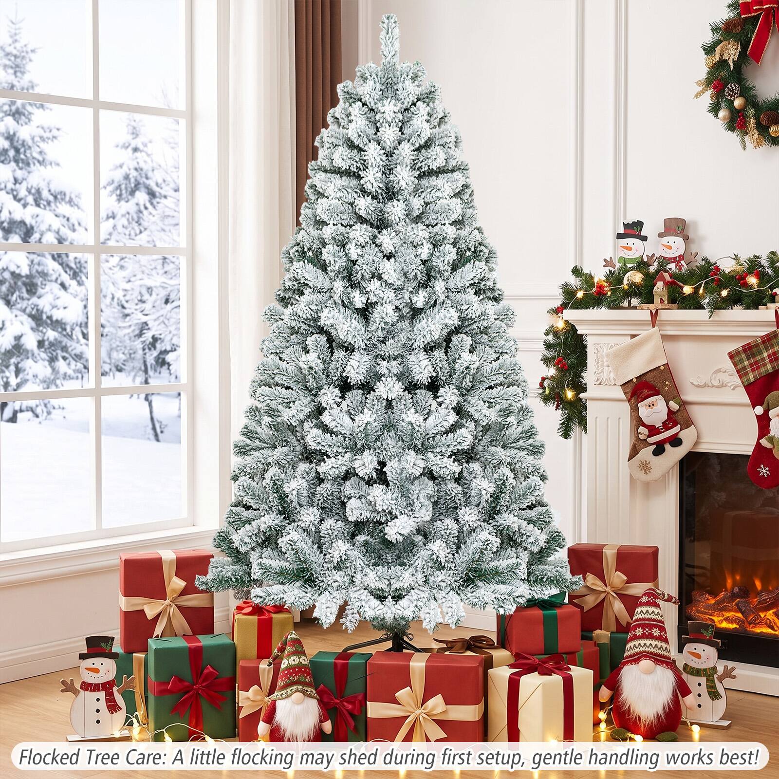 Flocked Tree Care: A little flocking may shed during first setup, gentle handling works best!