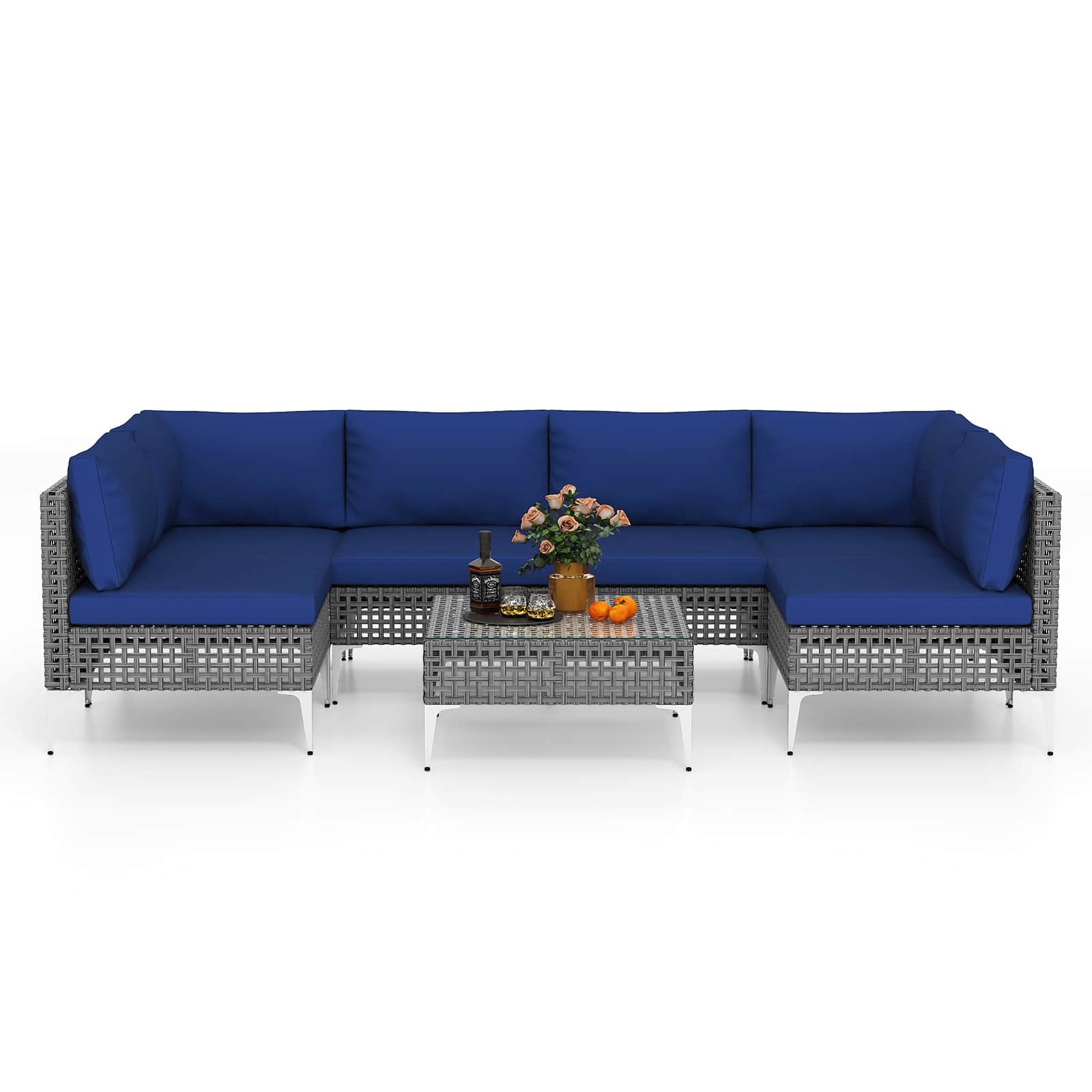 Gymax - Set Of 7 Piece Outdoor Furniture Set w/Seat & Back Cushions Tempered Glass Coffee Table - Navy, Mix Gray price history on PriceWatchPro