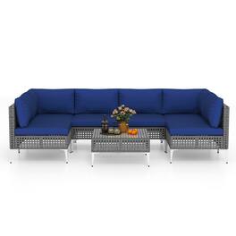 Gymax - Set Of 7 Piece Outdoor Furniture Set w/Seat & Back Cushions Tempered Glass Coffee Table - Navy, Mix Gray