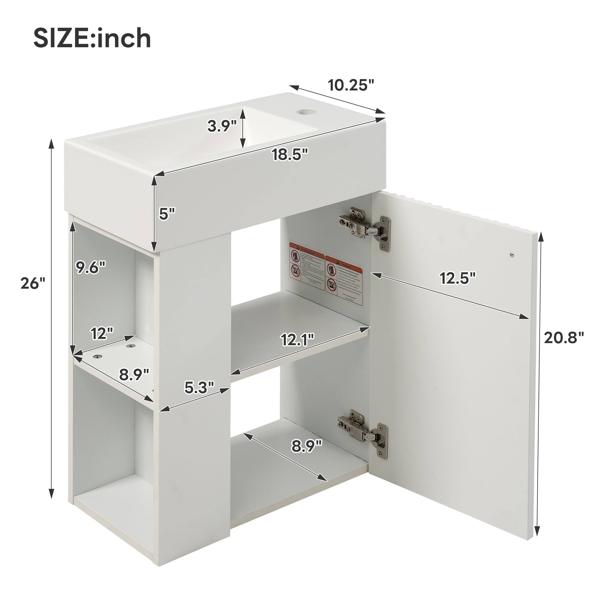 SIZE: inch

- 10.25"
- 3.9"
- 18.5"
- 5"
- 9.6"
- 12"
- 8.9"
- 5.3"
- 12.1"
- 20.8"
- 8.9"
- 12.5"
- 26"
- 20.8"