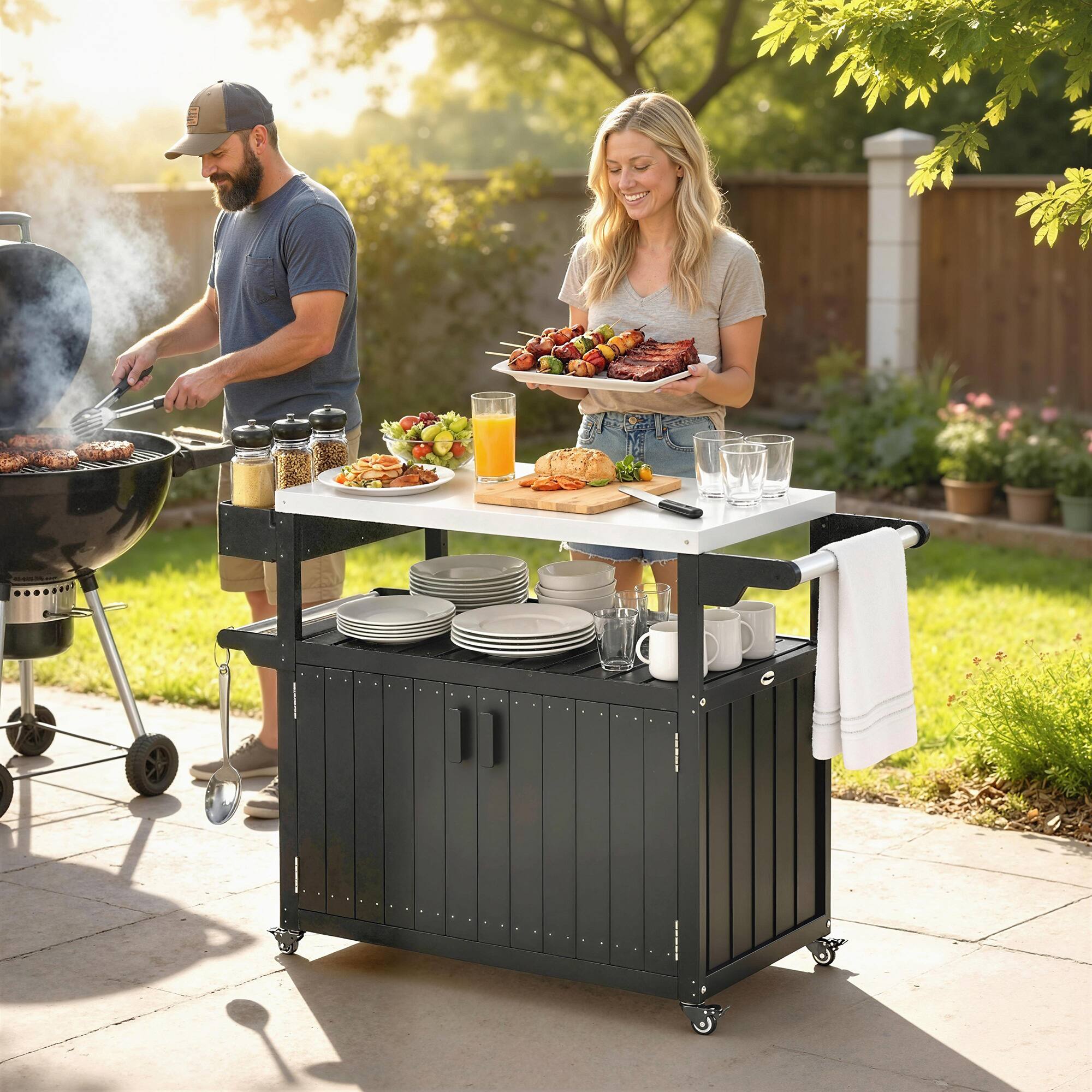Alt View 1. Outsunny - Bar Cart with Storage, Stainless Steel Outdoor Bar Table Top - Black.