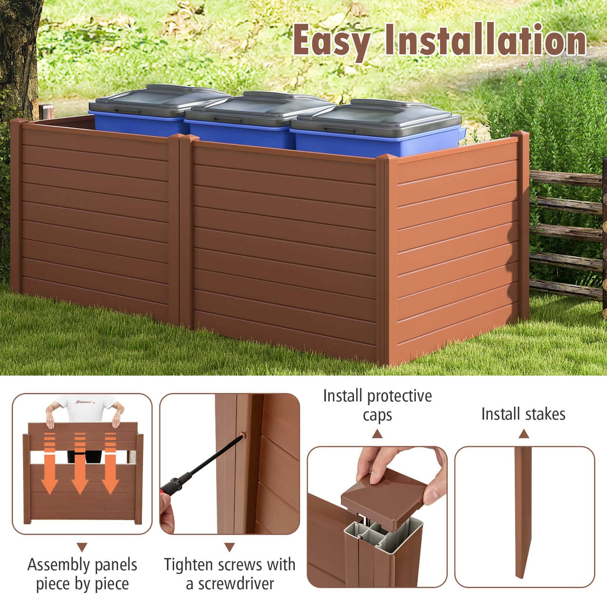 Easy Installation: Install protective caps, Install stakes, Assembly panels piece by piece, Tighten screws with a screwdriver.