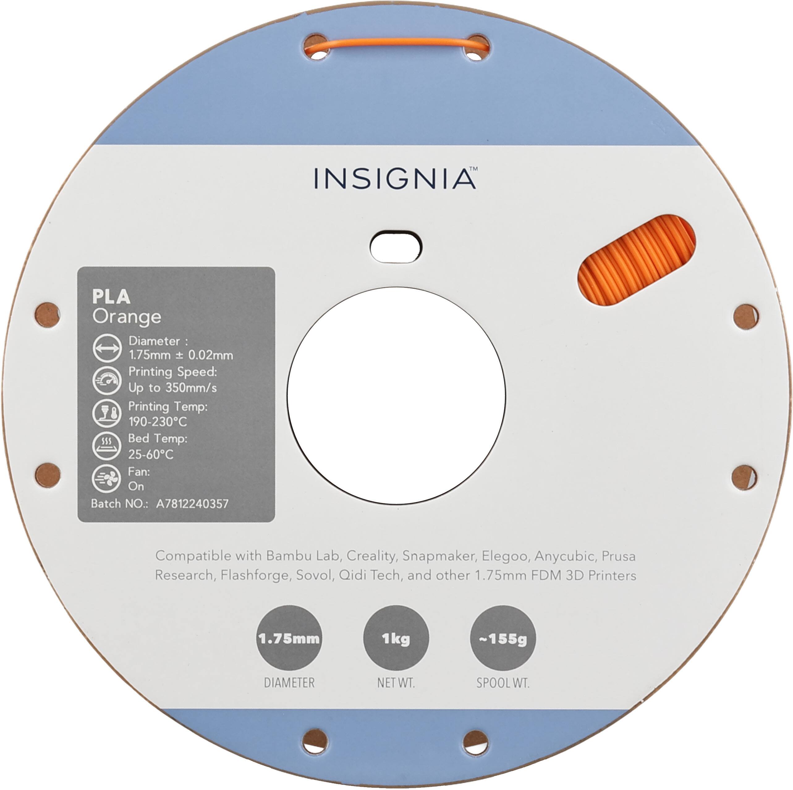 INSIGNIA PLA Orange  
Diameter: 1.75mm ± 0.02mm  
Printing Speed: Up to 350mm/s  
Printing Temp: 190-230°C  
Bed Temp: 25-60°C  
Fan: On  
Batch No.: A7812240357  

Compatible with Bambu Lab, Creality, Snapmaker, Elegoo, Anycubic, Prusa Research, Flashforge, Sovol, Qidi Tech, and other 1.75mm FDM 3D Printers  

1.75mm  
DIAMETER  
NET WT. 1kg  
SPOOL WT. ~155g