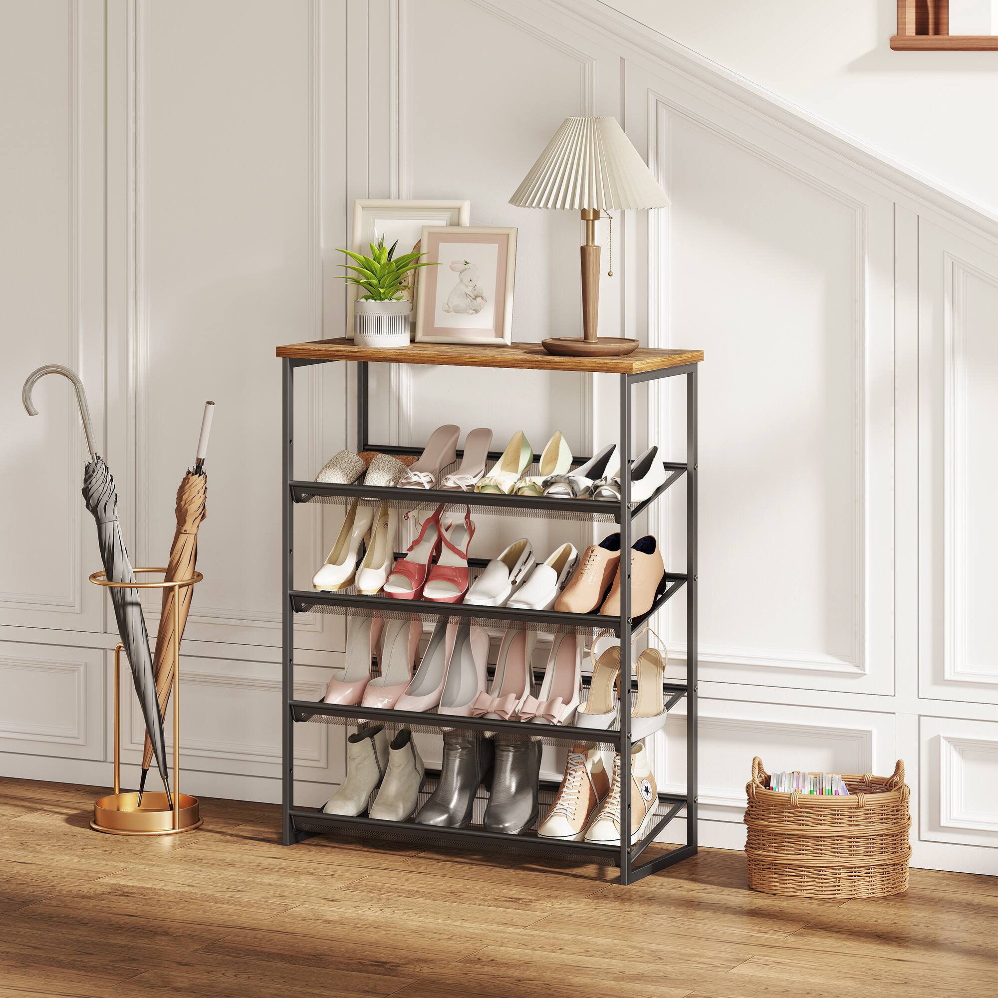 Angle. Sugift - 5-Tier Shoe Rack Free Standing Shoe Rack Organizer with Metal Mesh Shelves - Black.