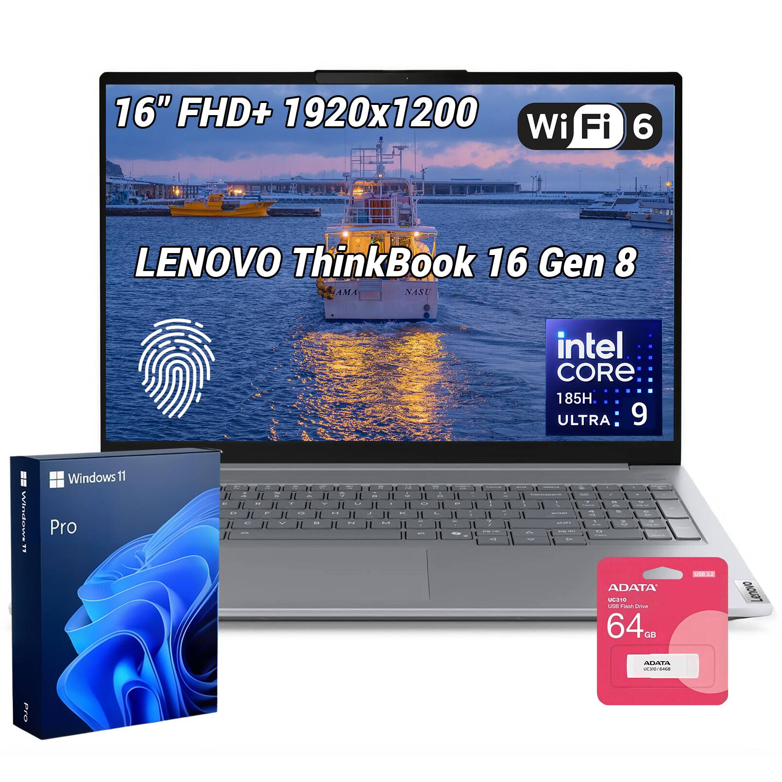 Lenovo - Upgraded - ThinkBook 16 16" FHD+ Laptop - Intel Core Ultra 9 185H - 64GB RAM 4TB SSD - FPR - Backlit KB - Adata 64GB USB Drive - Gray