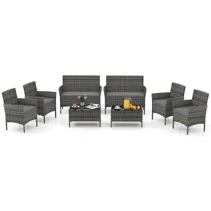 Front. Costway - 8 PCS Patio Furniture Set with Washable Cushions and Tempered Glass Coffee Table - Gray,Mix Gray.