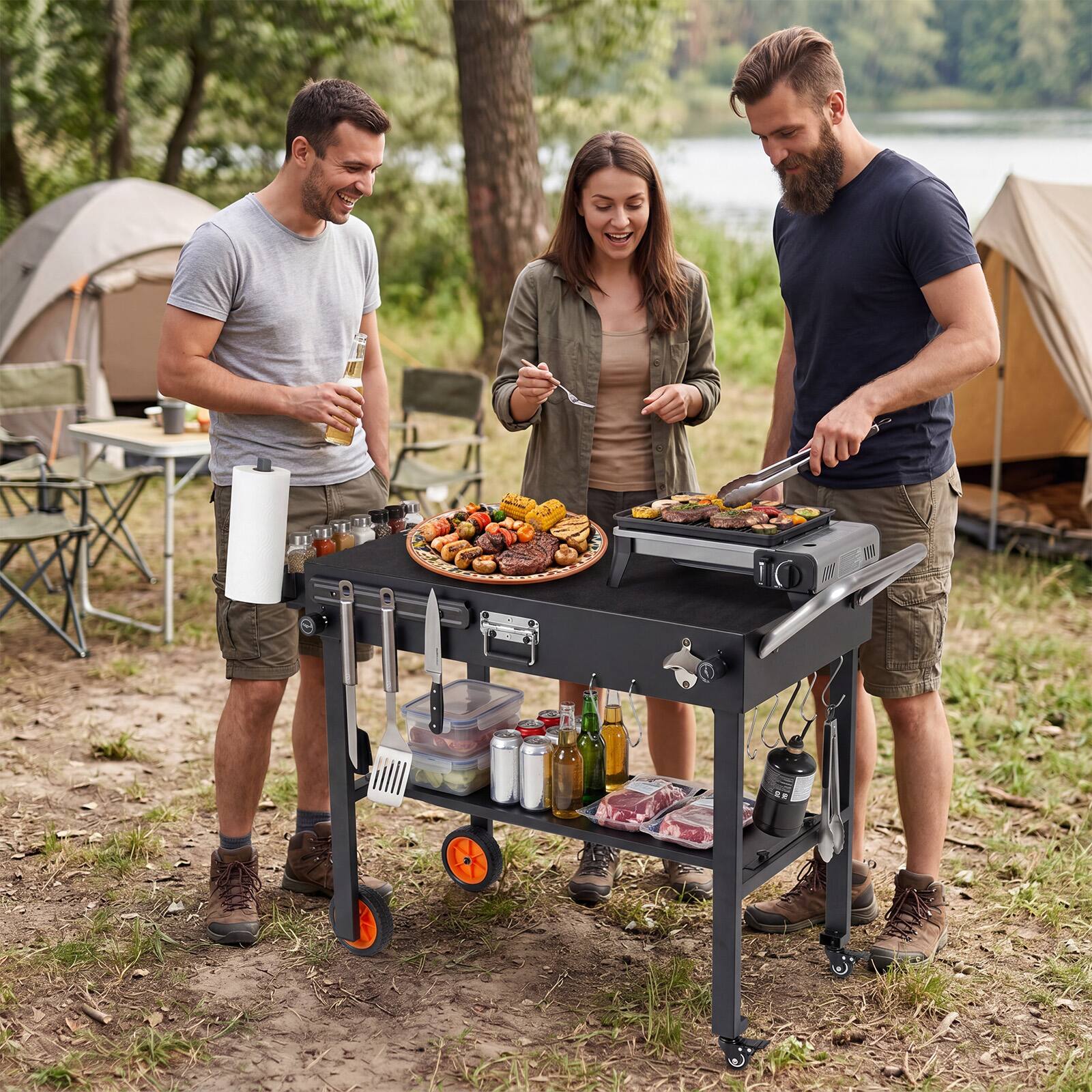 Alt View 1. Costway - Costway 32"W x 18"D Folding Grill Cart for 17 & 22" Griddles with Heat-Resistant Mat Wheels - Black.