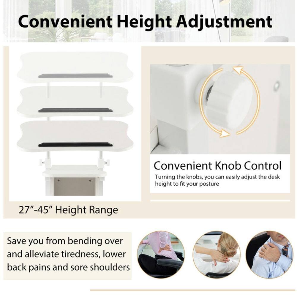 Convenient Height Adjustment

Convenient Knob Control  
Turning the knobs, you can easily adjust the desk height to fit your posture

27"-45" Height Range

Save you from bending over and alleviate tiredness, lower back pains and sore shoulders