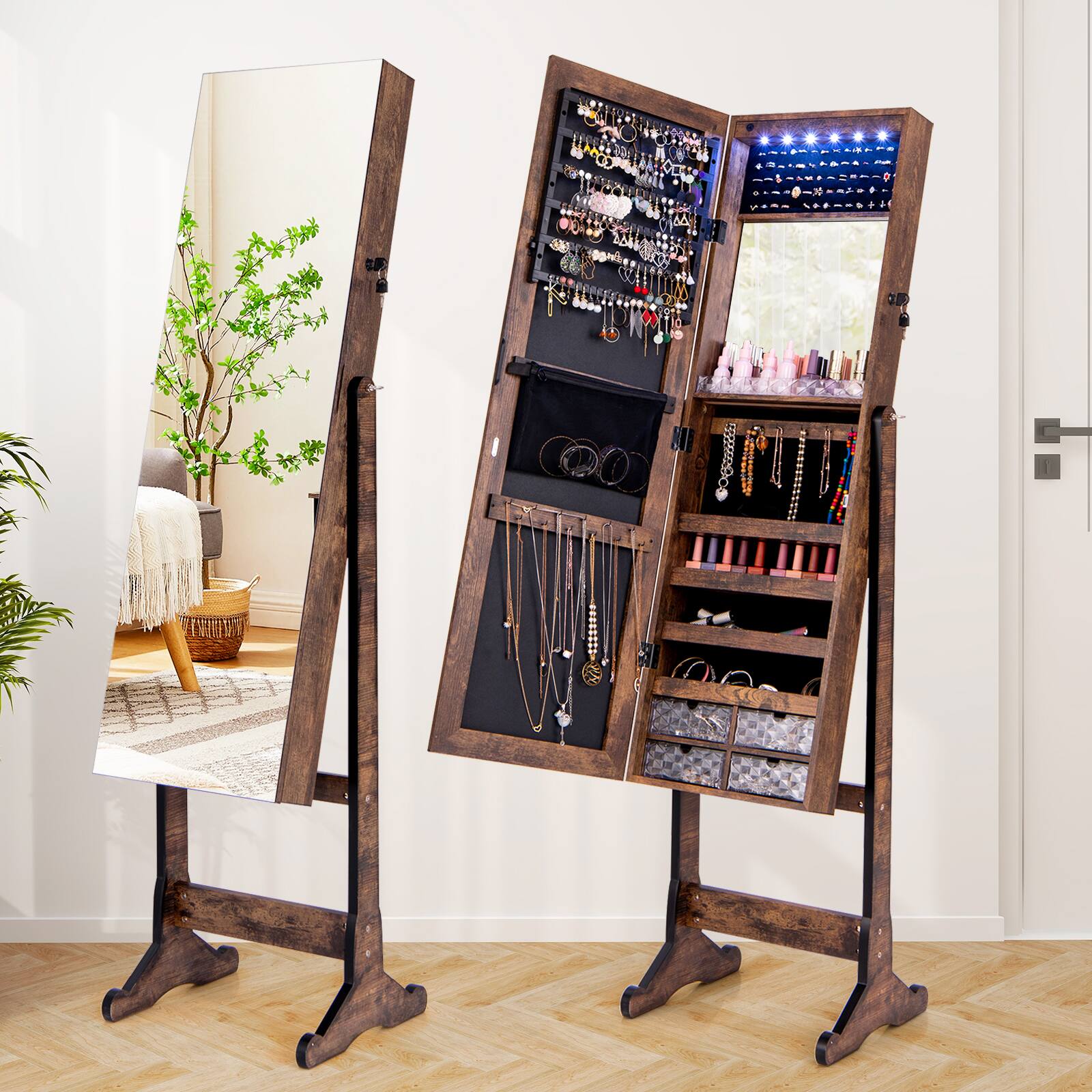 Alt View 1. Ecooso - Freestanding Full-Length Jewelry Armoire with LED Lights and Lockable Storage Cabinet.
