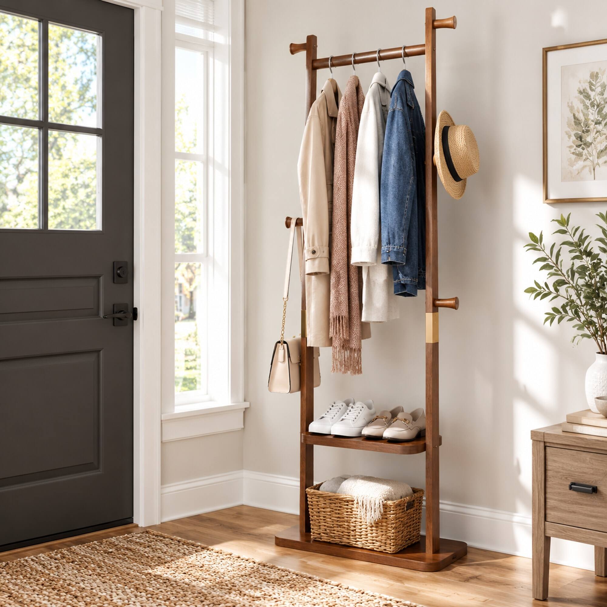 Alt View 1. RYHNUYNE - Solid Wood Coat Rack, 23.6 x 11 x 70.8 in, Walnut Finish, Free Standing Hall Tree for Entryway - Walnut.