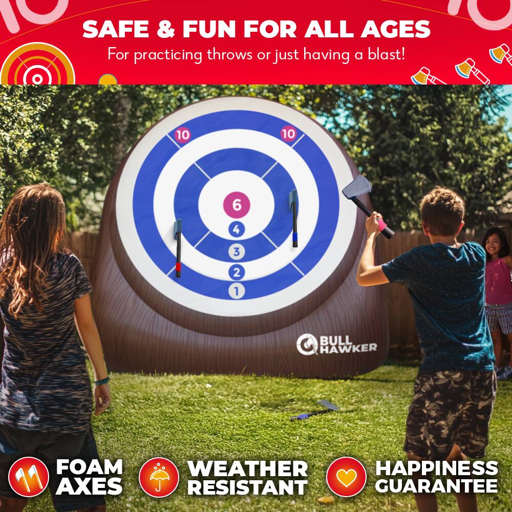 SAFE & FUN FOR ALL AGES  
For practicing throws or just having a blast!  

10 10 6 4 3 2 1  

BULL HAWKER  

FOAM AXES  
WEATHER RESISTANT  
HAPPINESS GUARANTEE