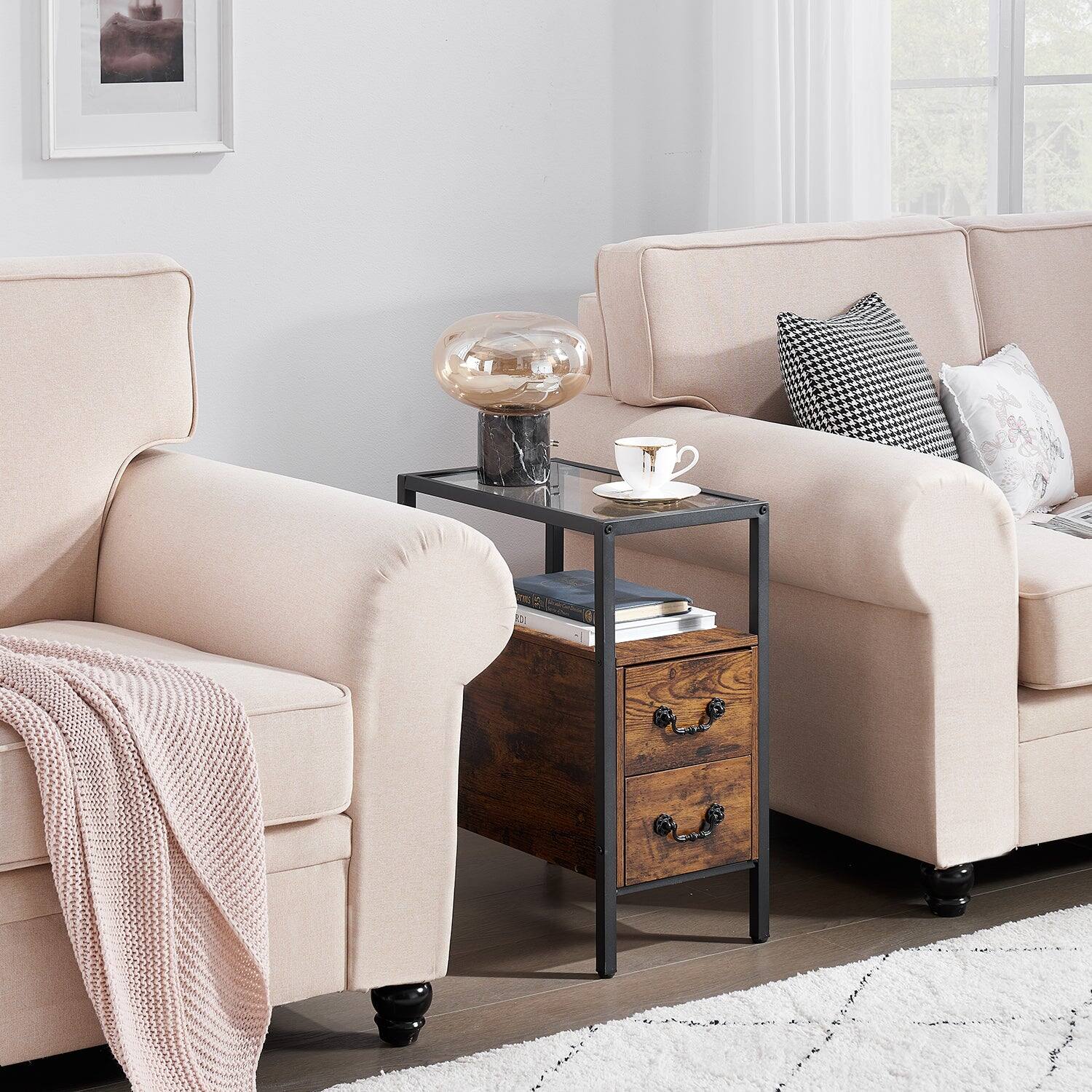 Alt View 2. Vecelo - Set of 2 Glass Top Nightstand with Drawer - Narrow End Table with 2 Shelves, 11" Wide Bedside Table for Small Spaces - Brown.