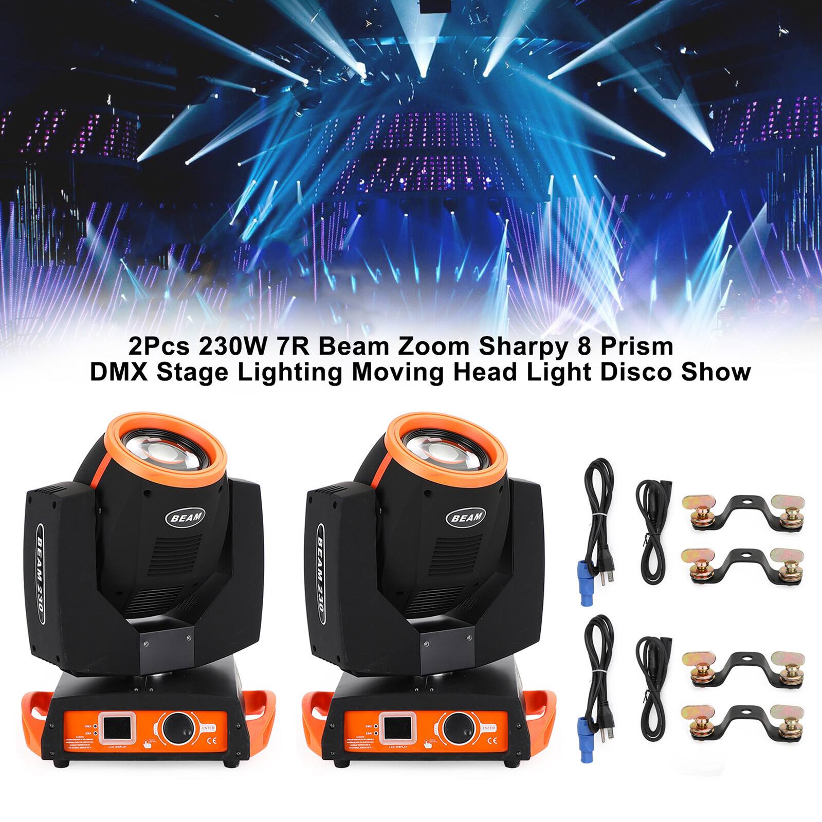 2Pcs 230W 7R Beam Zoom Sharpy 8 Prism DMX Stage Lighting Moving Head Light Disco Show