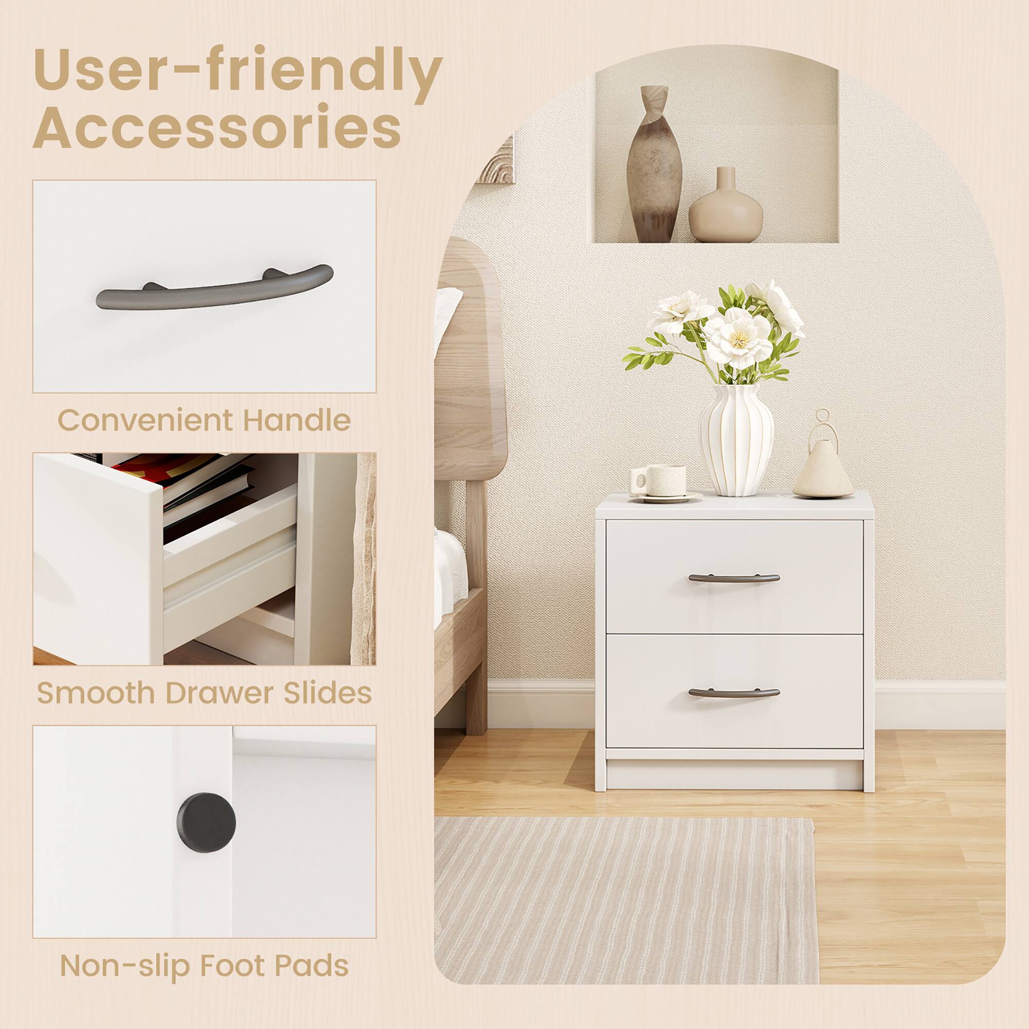 User-friendly Accessories: Convenient Handle, Smooth Drawer Slides, Non-slip Foot Pads.