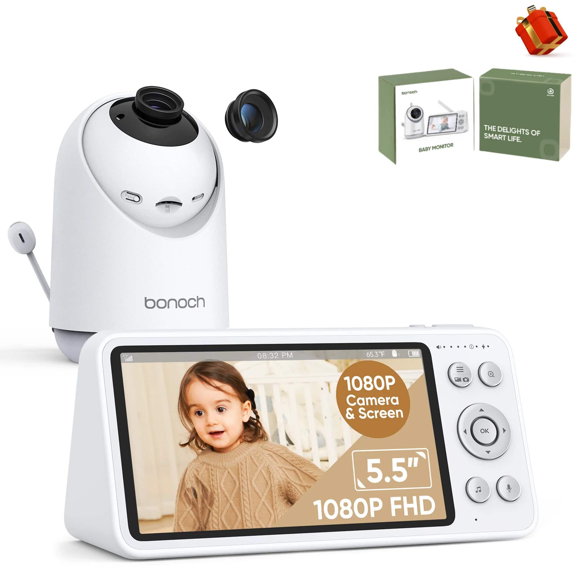 bonoch - 1080P Video Audio Baby Monitor LCD Camera Local Storage+Playback Motion&Sound Detection No WiFi Additional 110° L - white
