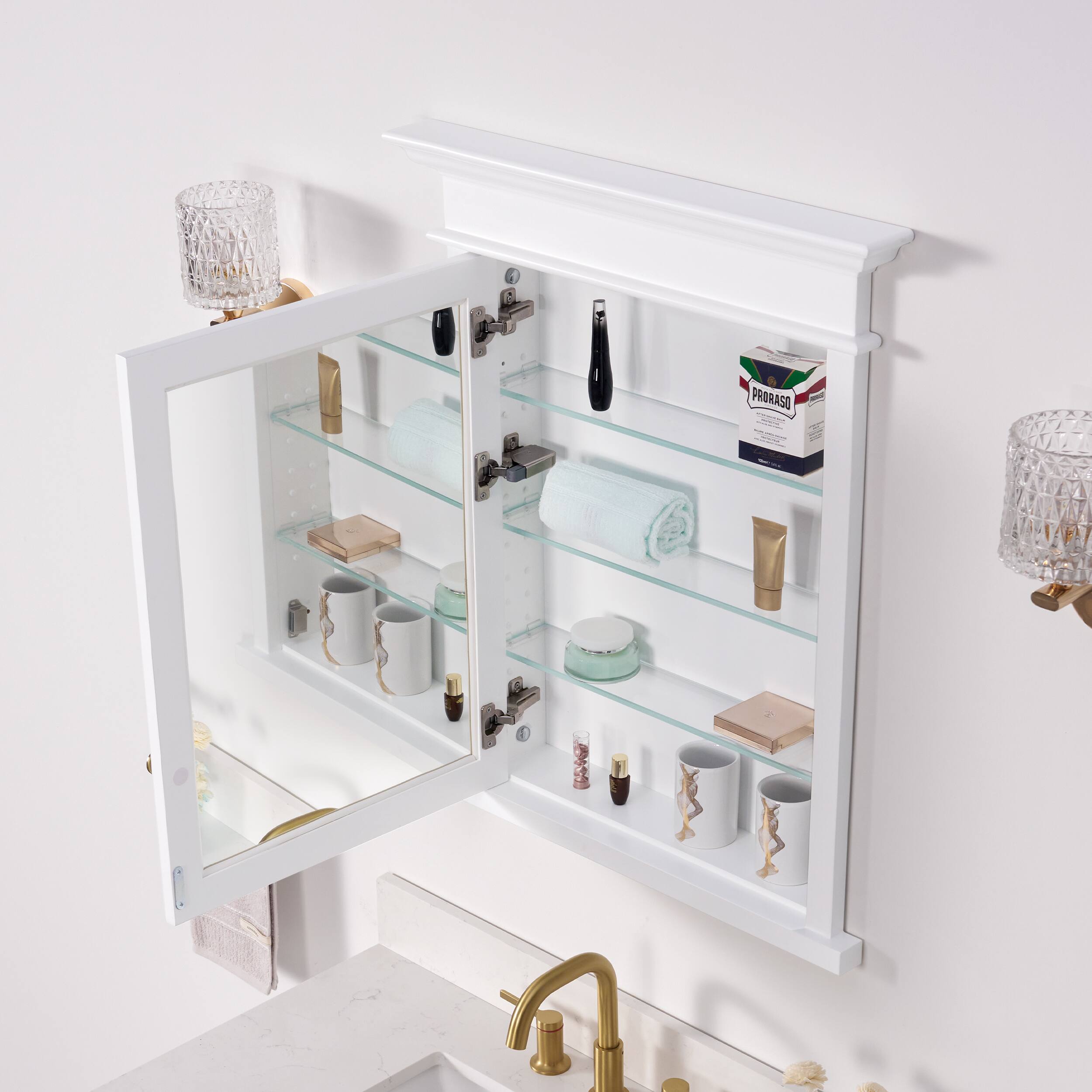 Left. WELLFOR - 26-Inch W x 36-Inch H Recessed Solid Rubberwood Medicine Cabinet with Left-Hinged Mirrored Door - White.