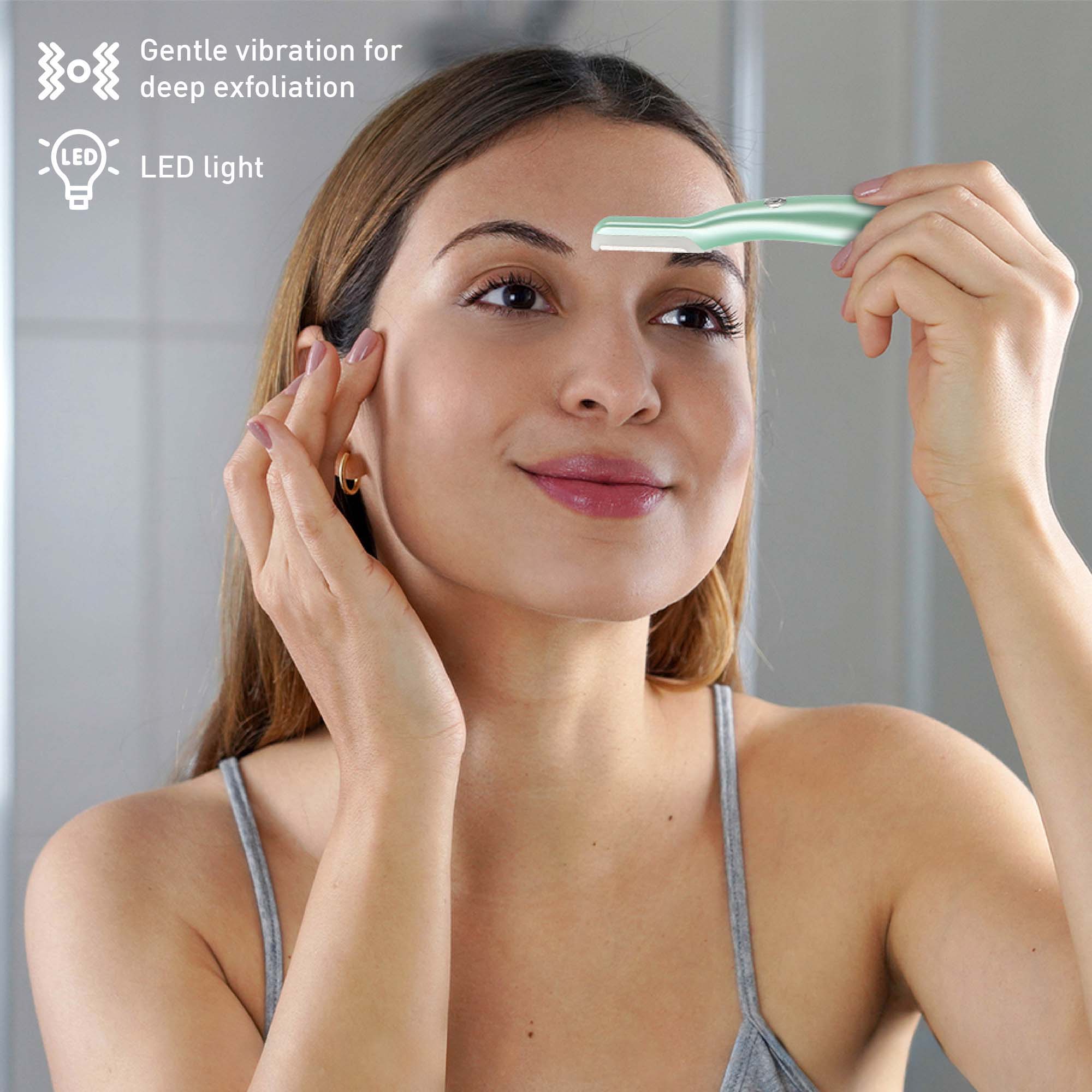 Gentle vibration for deep exfoliation  
LED light