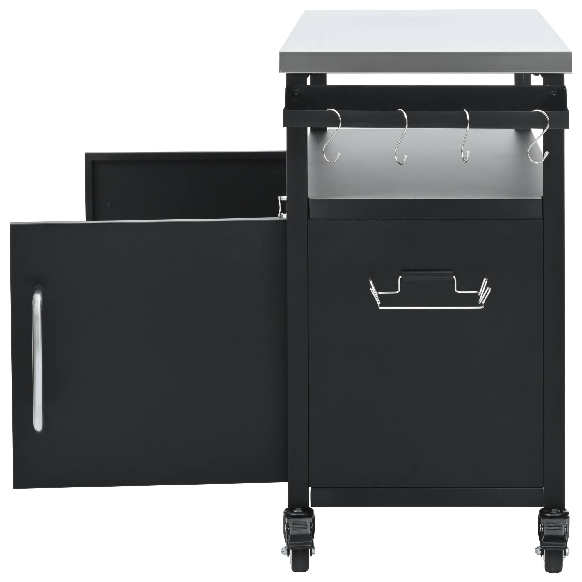 Left. PexFix - 54.5" Outdoor Kitchen Island with Stainless Top, Storage Cabinet & Spice Rack, Metal BBQ Grill Cart with Wheel for Patio - Black.