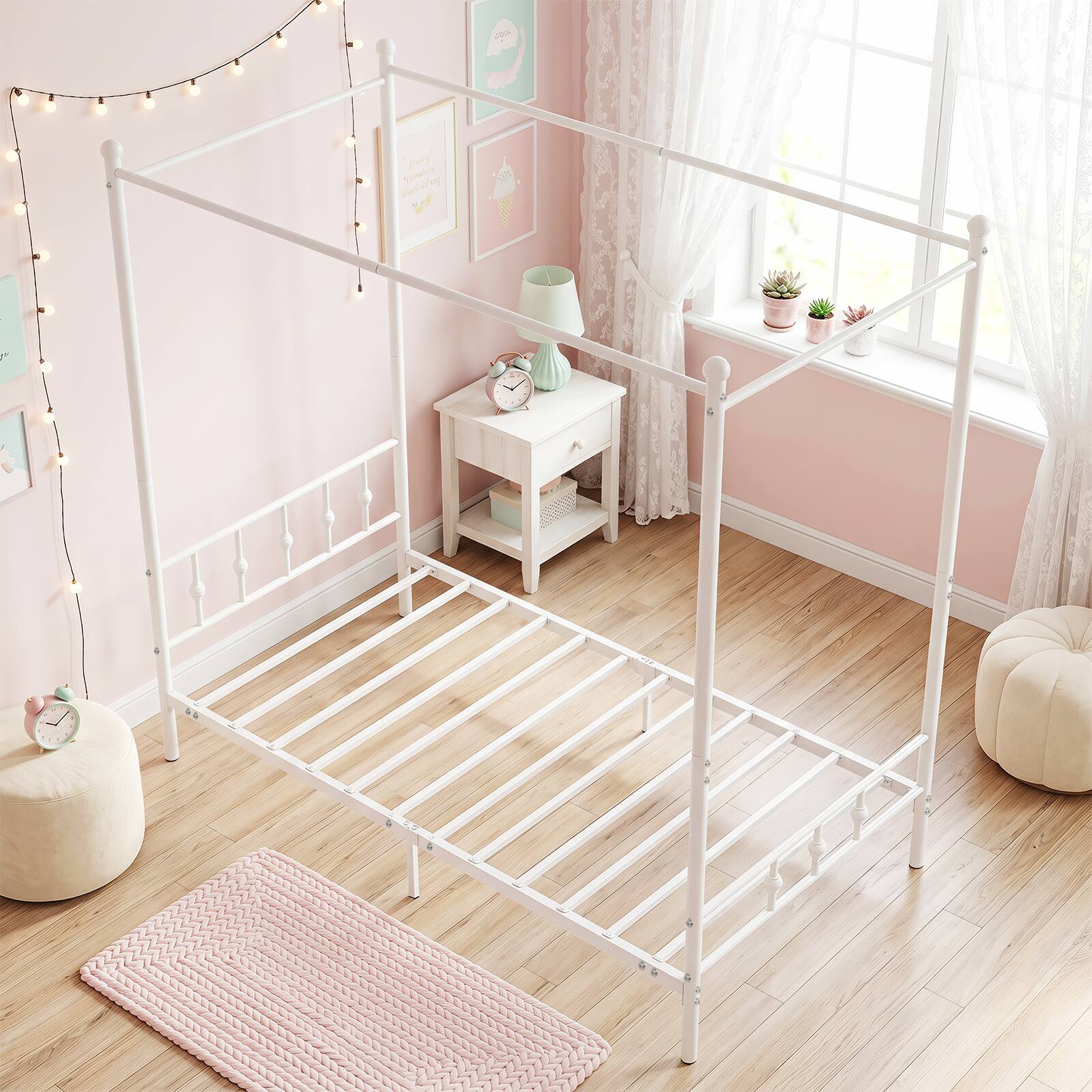 Alt View 4. Costway - Costway Twin Size Metal Canopy Bed Frame with Headboard & Footboard Metal Slat Support - White.