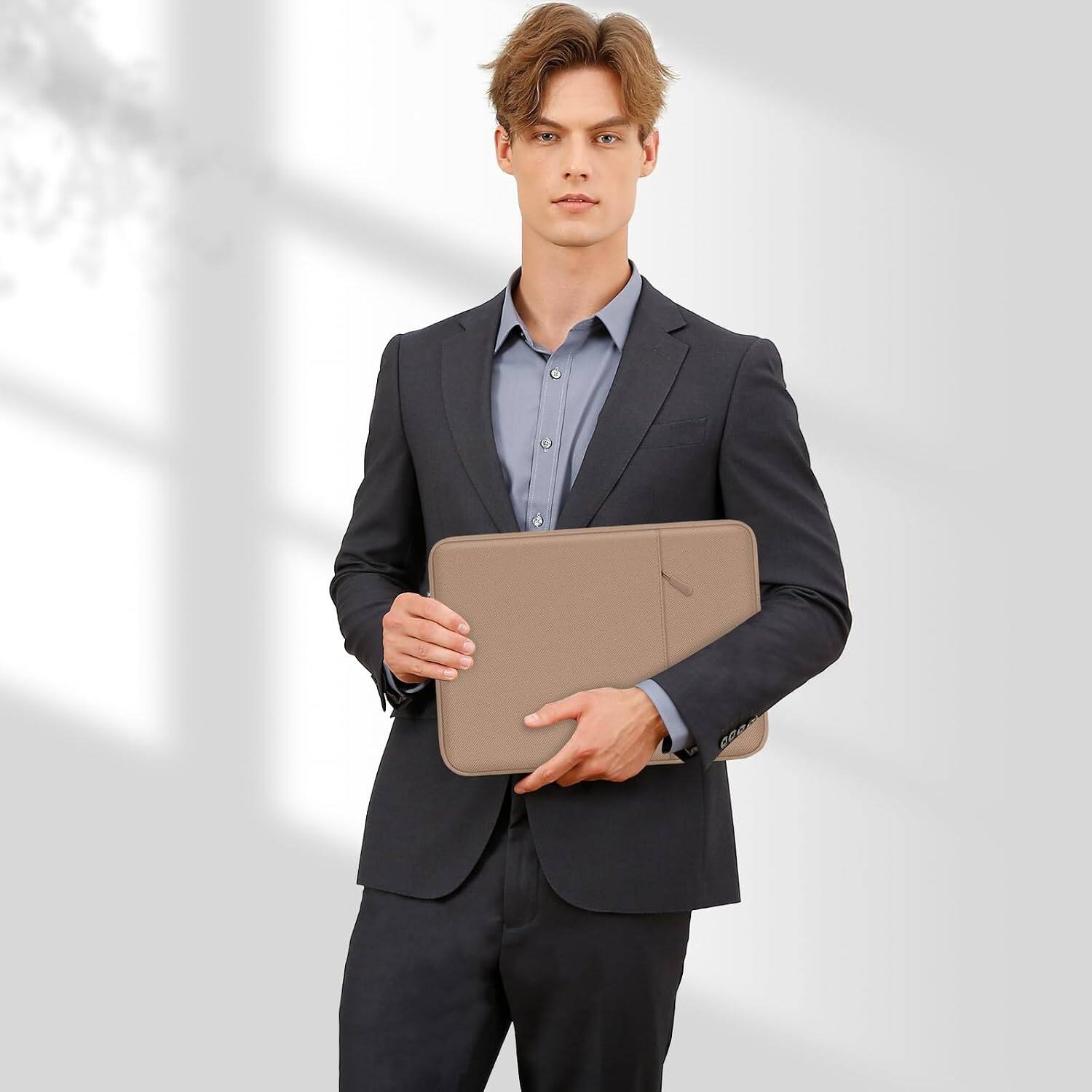 Alt View 2. mosiso - 15 inch Laptop Sleeve with Pocket, Polyester Vertical Case for MacBook Air 15 inch M5 M4 M3 M2, Acer Dell XPS Lenovo - Bronze Brown.