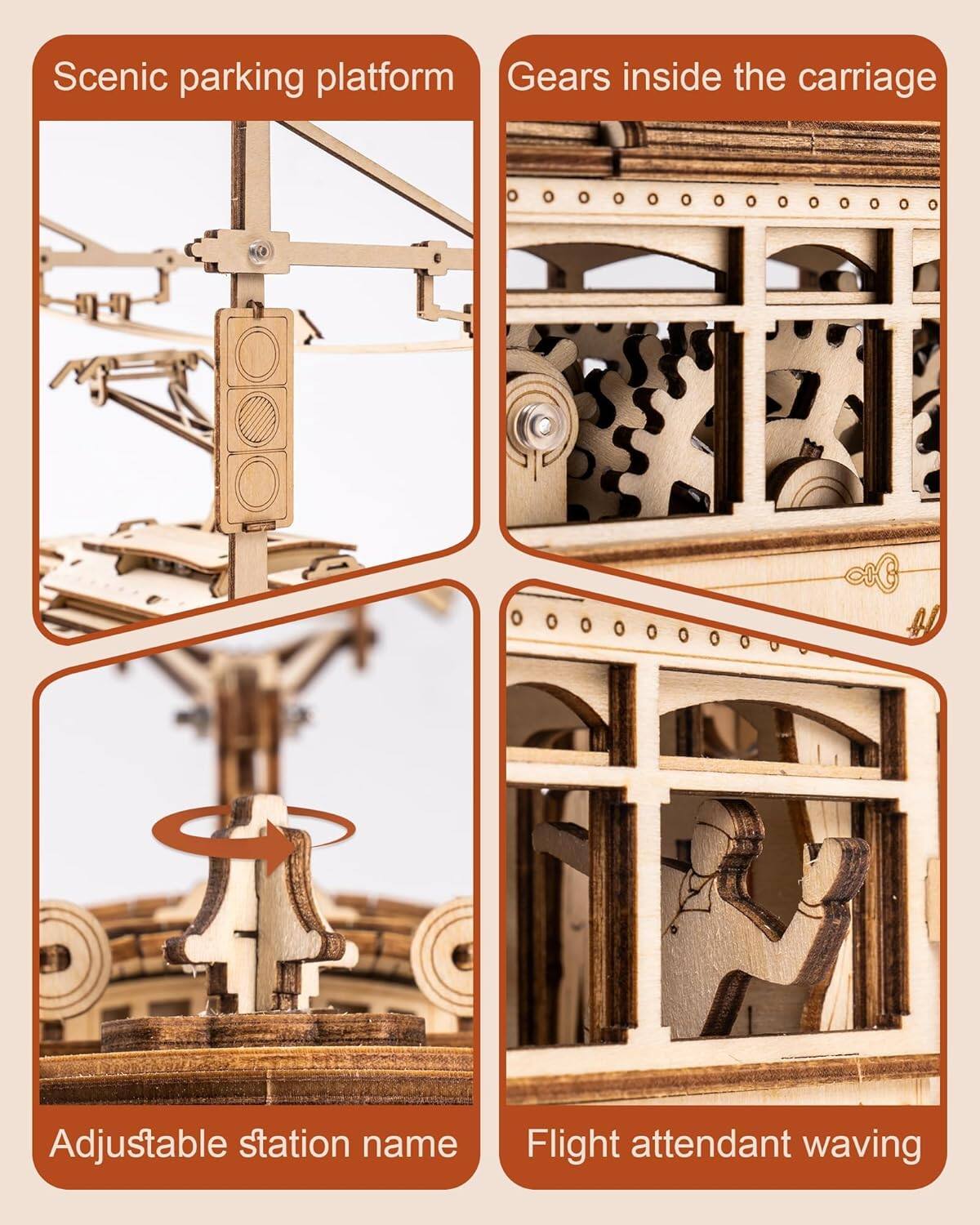 Scenic parking platform  
Gears inside the carriage  
Adjustable station name  
Flight attendant waving