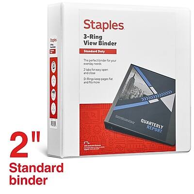 Staples 3-Ring View Binder  
Standard Duty  

The perfect binder for your everyday needs.  
2 tabs for easy open and close.  
D-Rings keep pages flat and fits more.  

QUARTERLY REPORT  

2" Standard binder