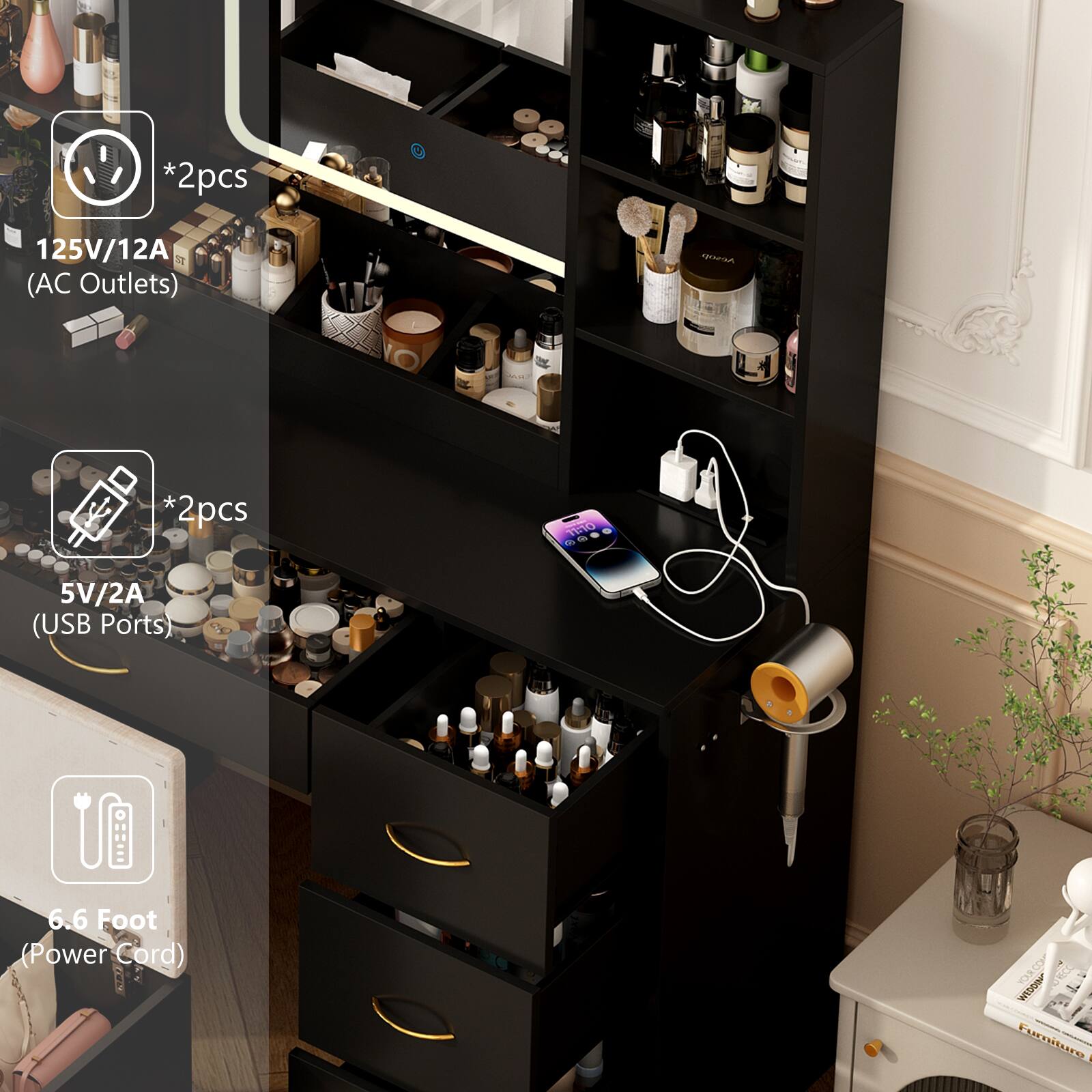 *2pcs 125V/12A (AC Outlets)  
*2pcs 5V/2A (USB Ports)  
6.6 Foot Power Cord