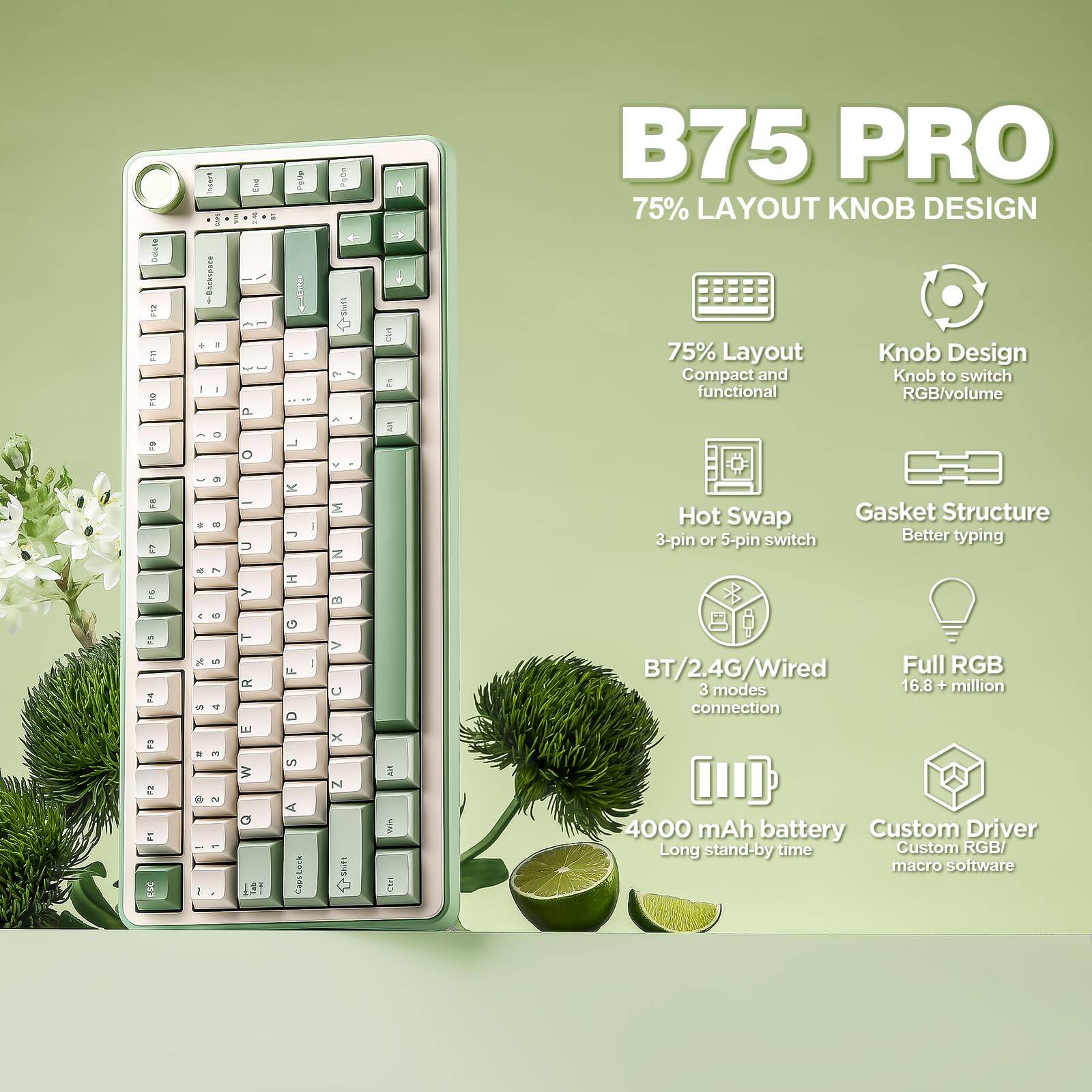 B75 PRO  
75% LAYOUT KNOB DESIGN

- 75% Layout: Compact and functional
- Knob Design: Knob to switch RGB/volume
- Hot Swap: 3-pin or 5-pin switch
- Gasket Structure: Better typing
- BT/2.4G/Wired: 3 modes connection
- Full RGB: 16.8+ million colors
- 4000 mAh battery: Long stand-by time
- Custom Driver: Custom RGB/ macro software
