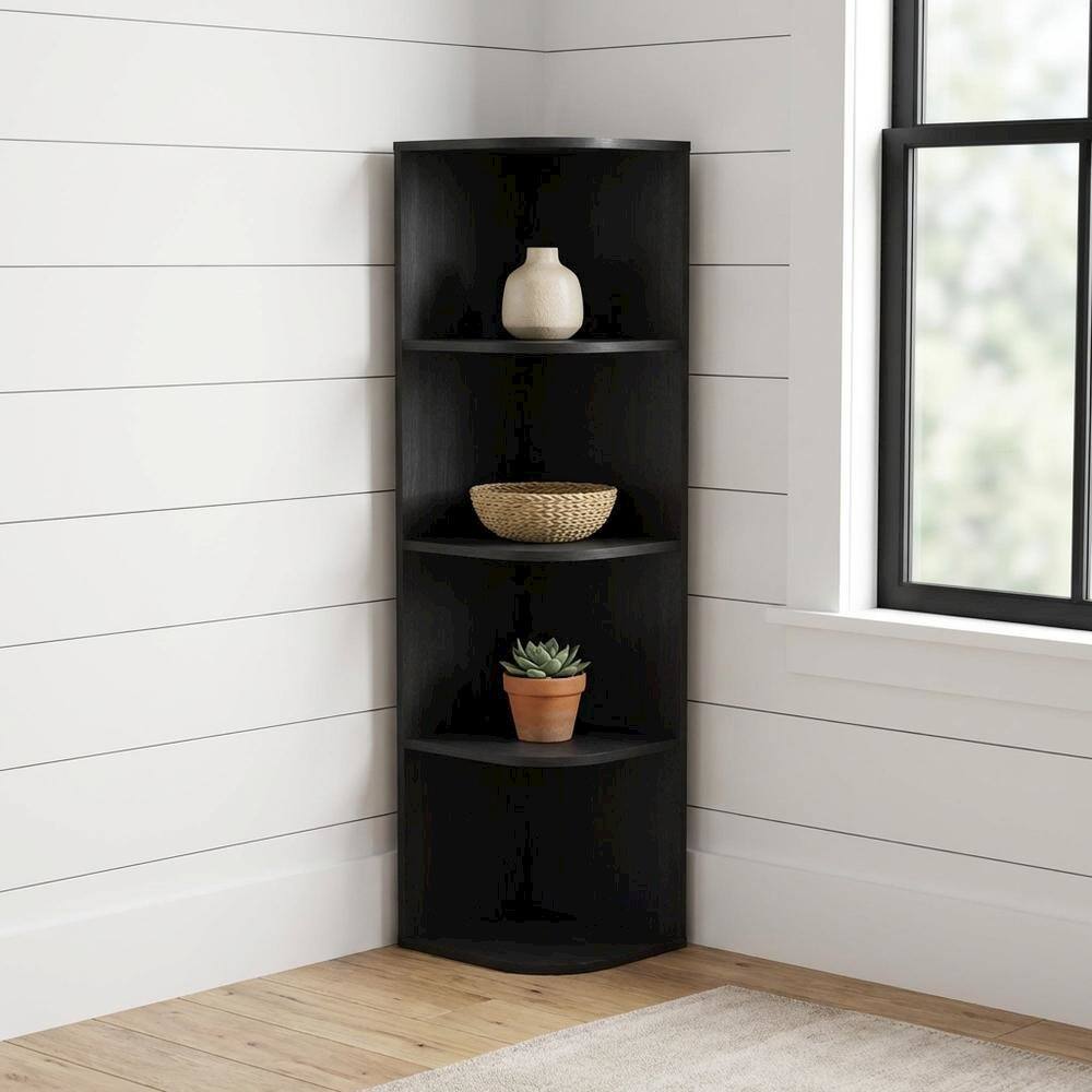 Angle. FurniFact - 4-Tier Corner Bookcase with Open Shelves for Living Room Storage - Blackwood.