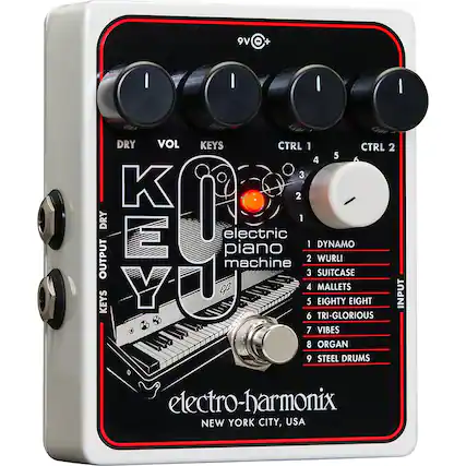 9V e+
DRY VOL KEYS CTRL 1 CTRL 2
1 DYNAMO
2 WURLI
3 SUITCASE
4 MALLETS
5 EIGHTY EIGHT
6 TRI-GLORIOUS
7 VIBES
8 ORGAN
9 STEEL DRUMS
electric piano machine
OUTPUT 2
INPUT
electro-harmonix
NEW YORK CITY, USA