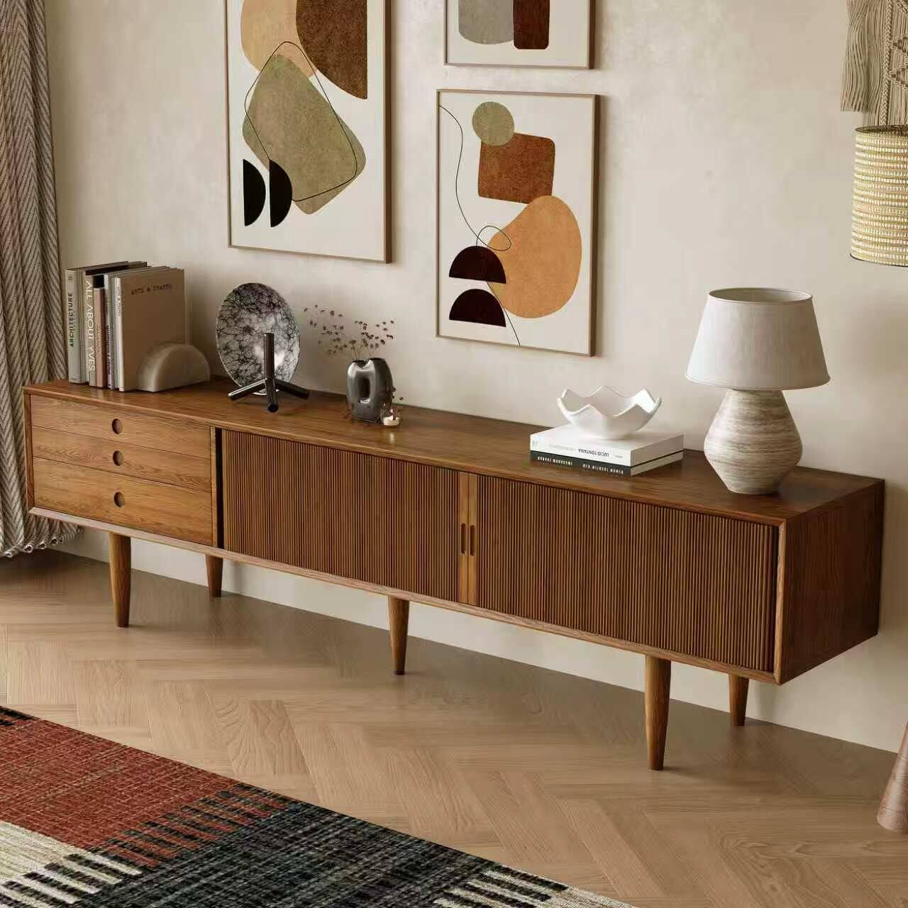 Alt View 3. luck idea - Mid‑Century Modern Wood TV Stand, 86.61" Media Console with 3 Drawers & Fluted Cabinet Doors for Living Room - brown.