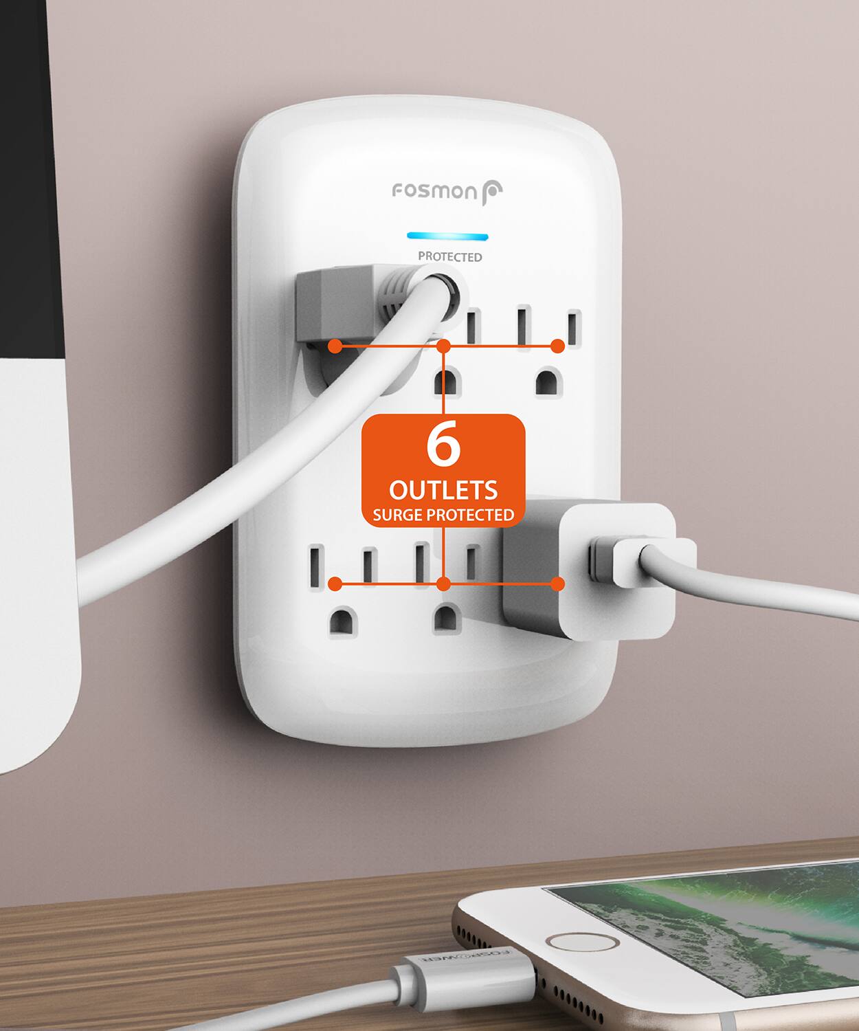 Fosmon PROTECTED 6 OUTLETS SURGE PROTECTED