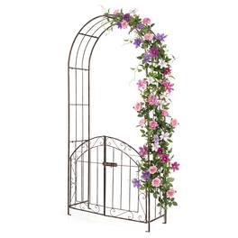 Gymax - Garden Arch w/ Gate 79'' Heavy-Duty Metal Arbor Trellis w/ Safety Latch Bronze - Brown