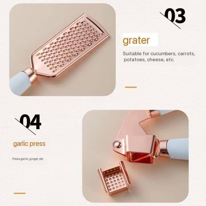03 Grater  
Suitable for cucumbers, carrots, potatoes, cheese, etc.

04 Garlic press  
Press garlic, ginger, etc.