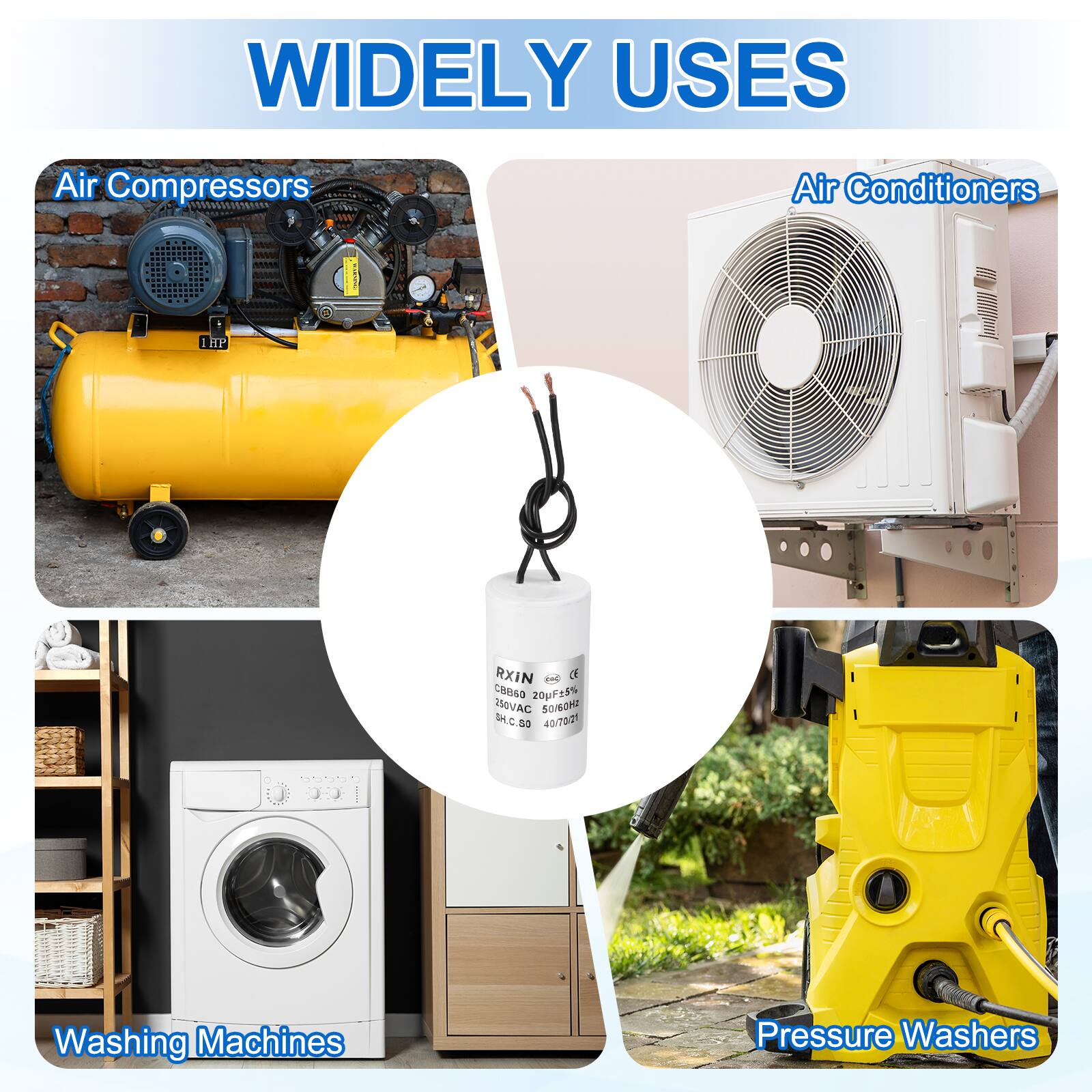 WIDELY USES

- Air Compressors
- Air Conditioners
- Washing Machines
- Pressure Washers

RXIN  
CB880 20pF15% 250VAC 50/60Hz 0.5D  
40/7021