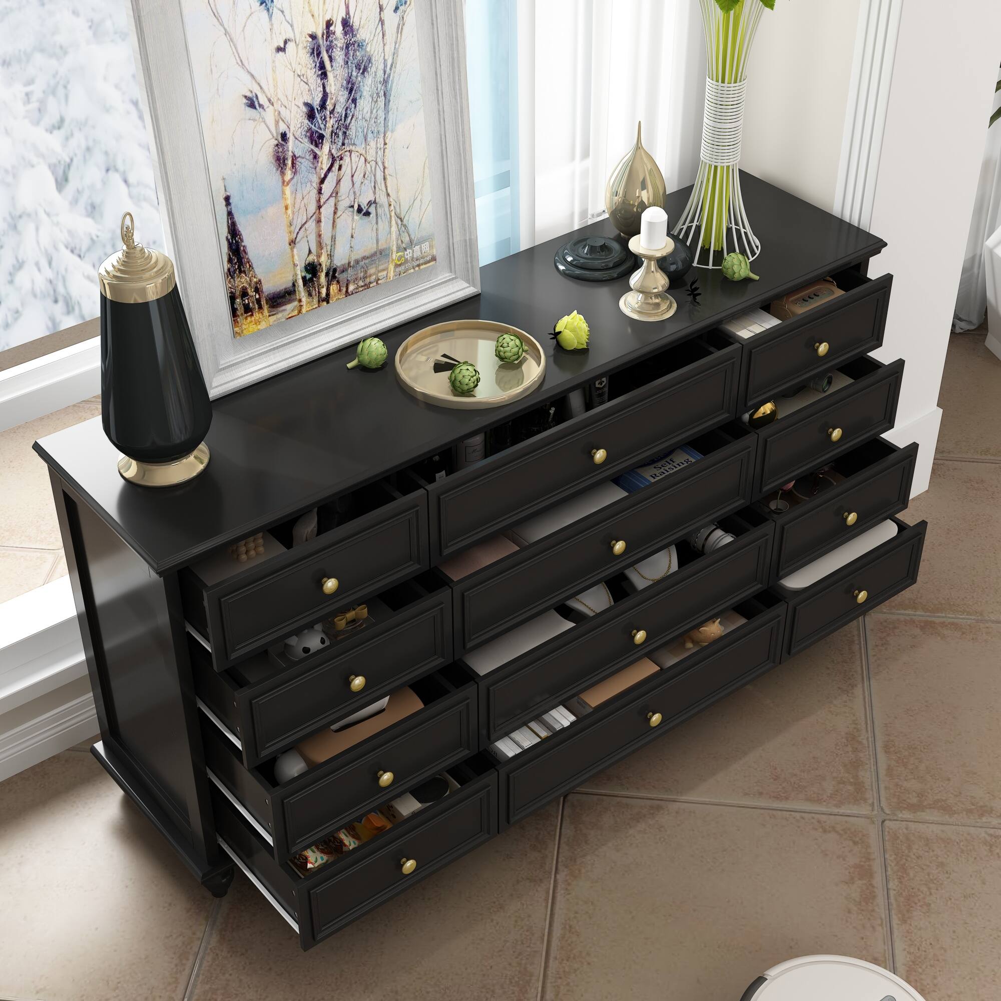 Angle. FUFU & GAGA - FUFU&GAGA 12 - Drawer Silent Dresser: Spacious & Quiet Storage Solution Black - Black.