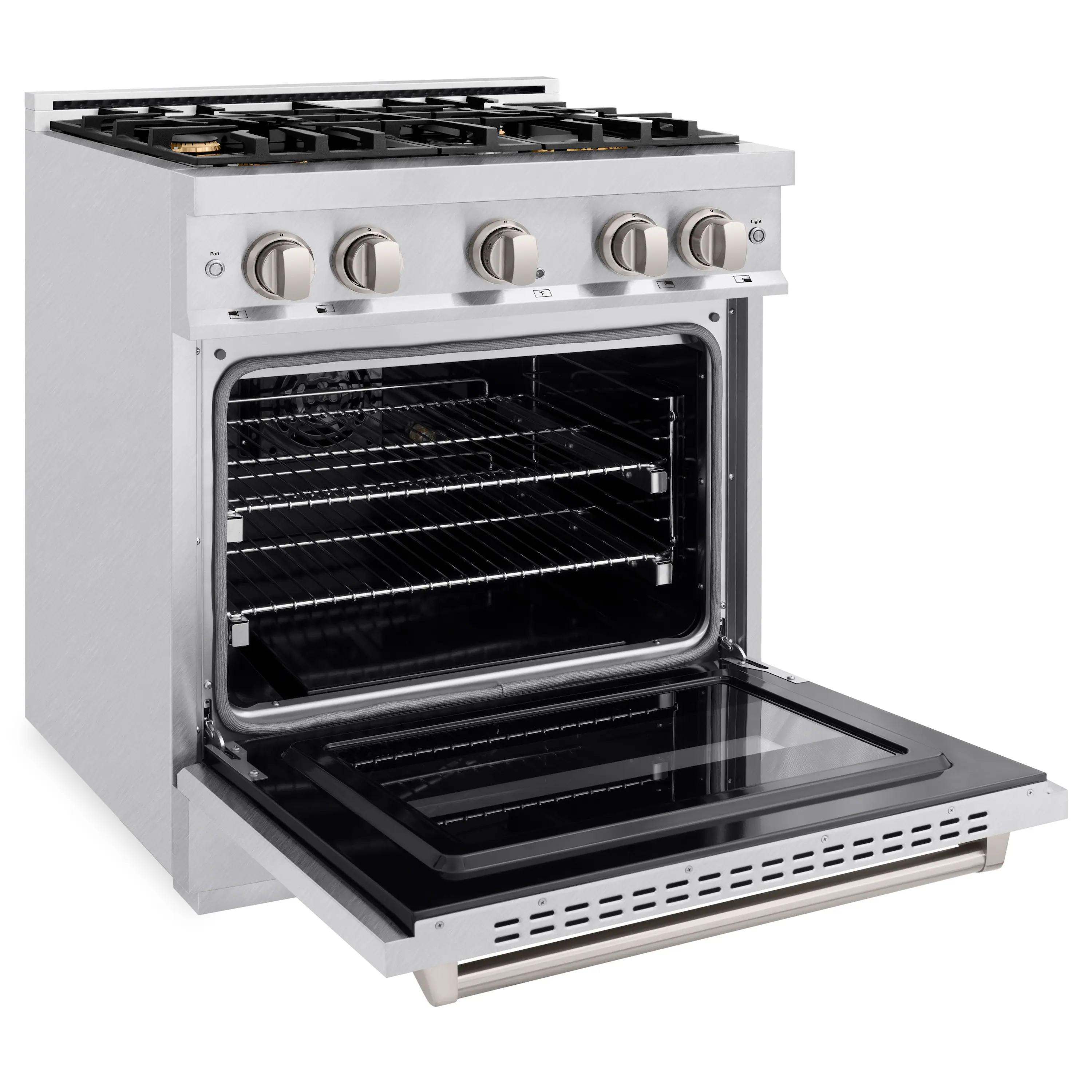 Left. ZLINE - ZLINE 30 in. Classic Dual Fuel Satin Steel Range w/ 4 Brass Burners & Convection Oven (CDRS-BR-30) - Stainless Steel.