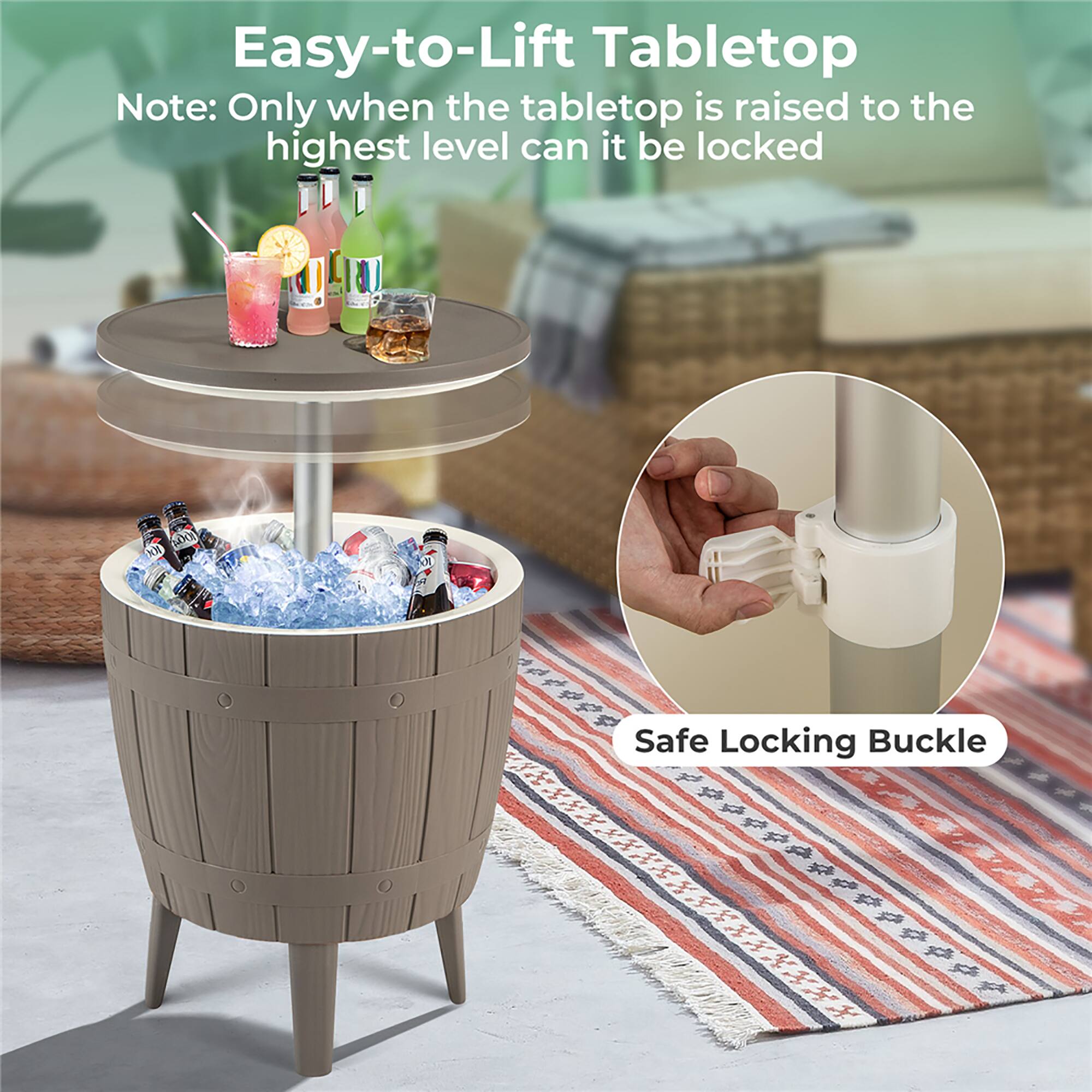 Easy-to-Lift Tabletop  
Note: Only when the tabletop is raised to the highest level can it be locked  

Safe Locking Buckle