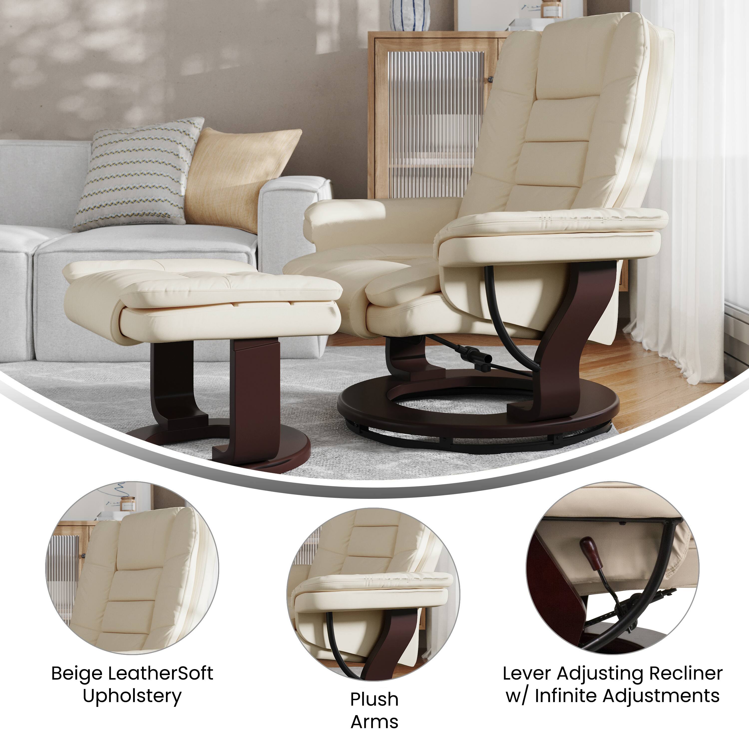 Beige LeatherSoft Upholstery  
Plush Arms  
Lever Adjusting Recliner w/ Infinite Adjustments