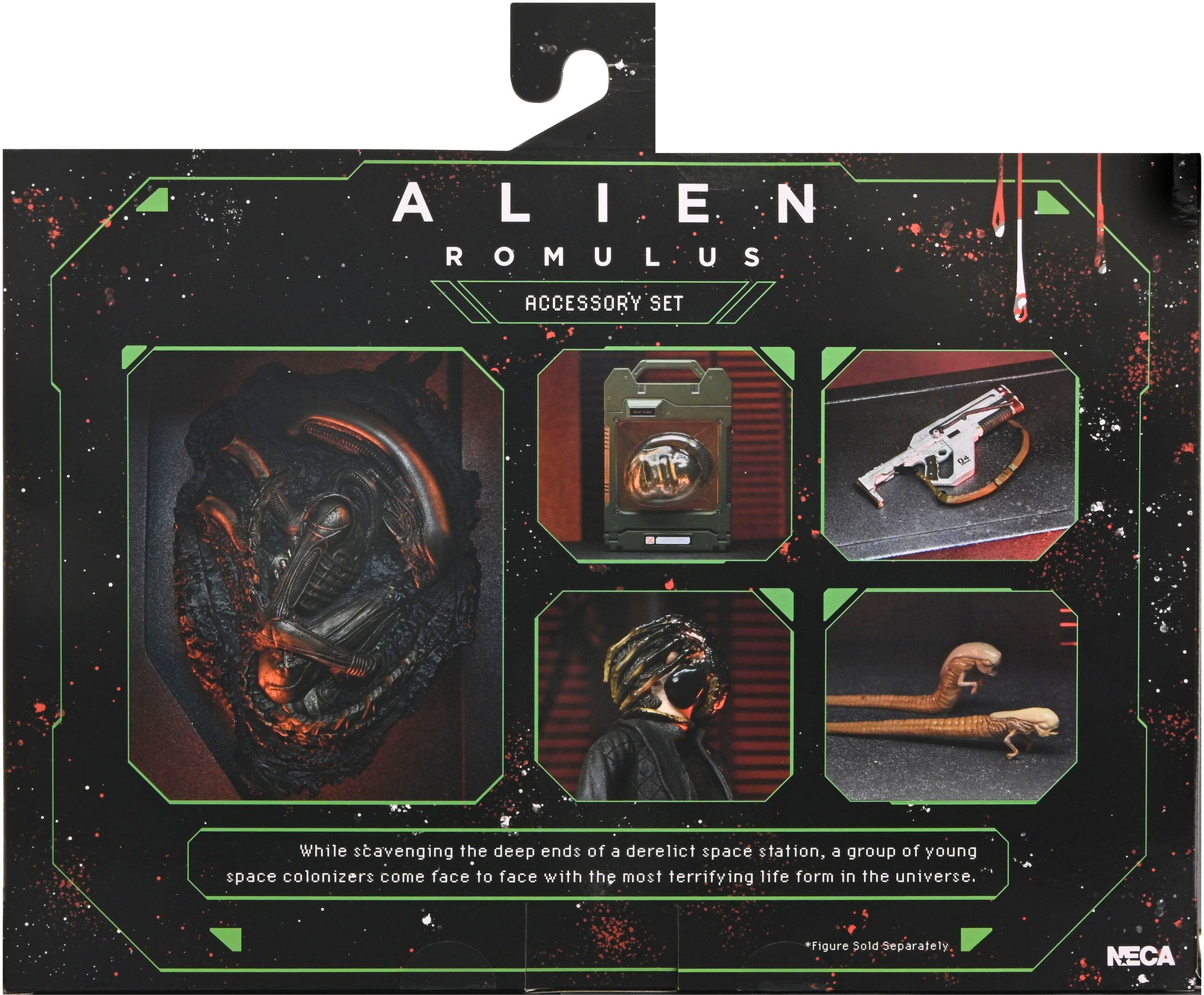 The text on the image reads: "5 ALIEN ROMULUS ACCESSORY SET While scavenging the deep ends of a derelict space station, a group of young space colonizers come face to face with the most terrifying life form in the universe. *figure Sold Separately NECA."