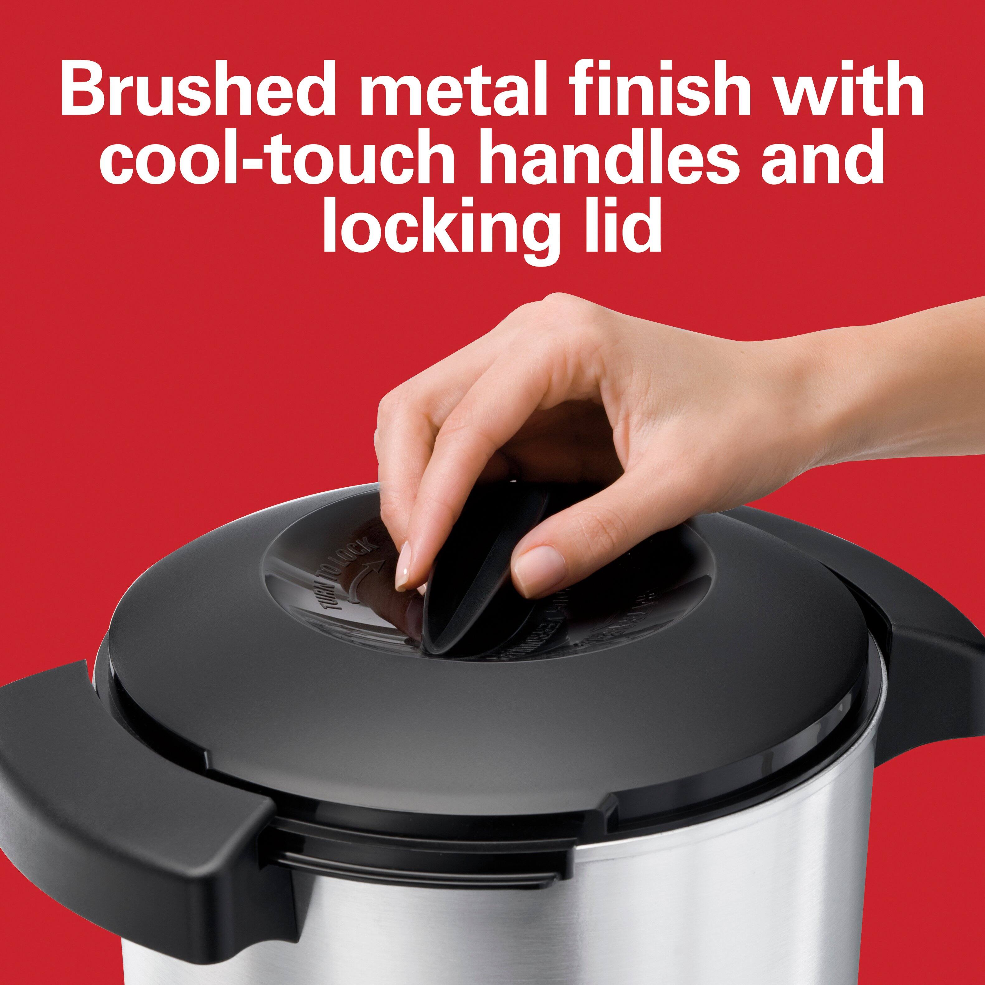 Brushed metal finish with cool-touch handles and locking lid