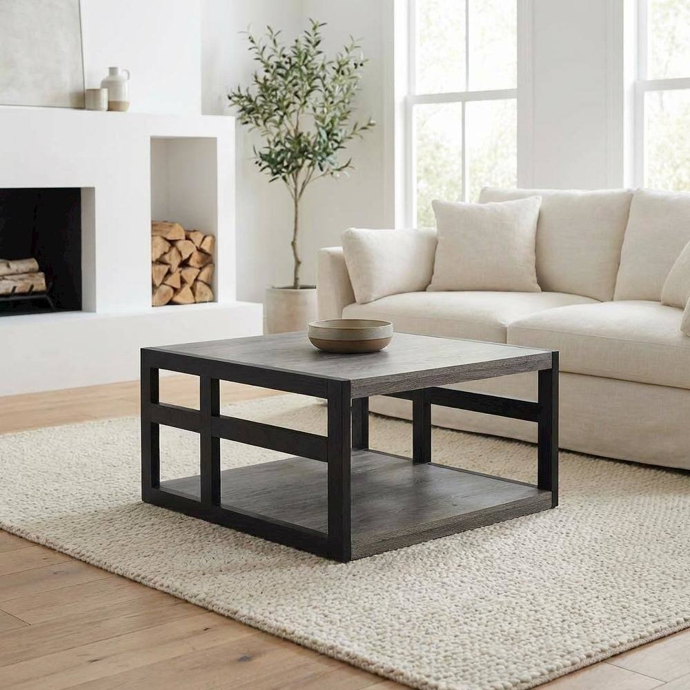 Back. FurniFact - Weathered Gray Black Coffee Table with Shelf and Contemporary Style - Multi.