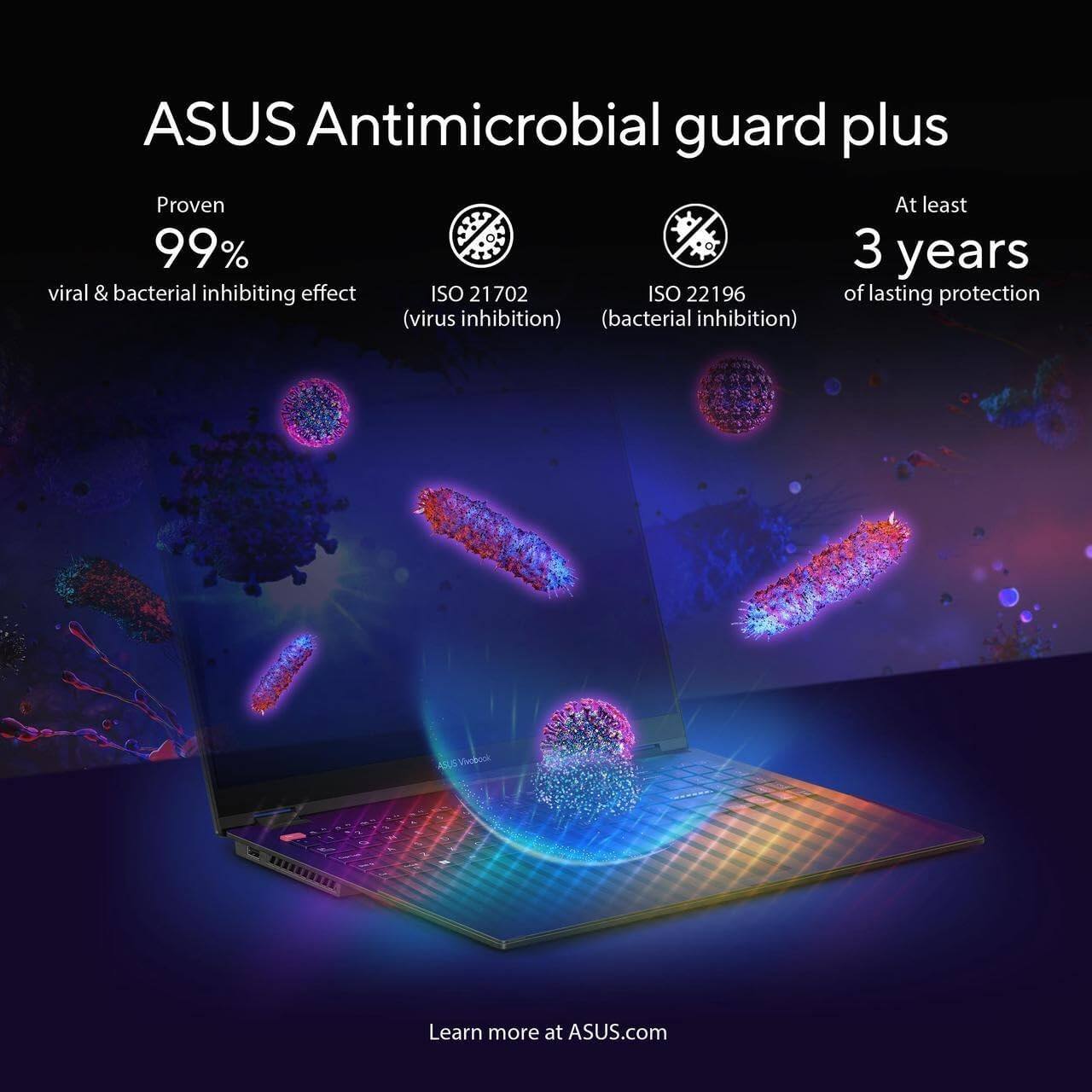 ASUS Antimicrobial guard plus

Proven 99% viral & bacterial inhibiting effect  
ISO 21702 (virus inhibition)  
ISO 22196 (bacterial inhibition)  
At least 3 years of lasting protection  

Learn more at ASUS.com